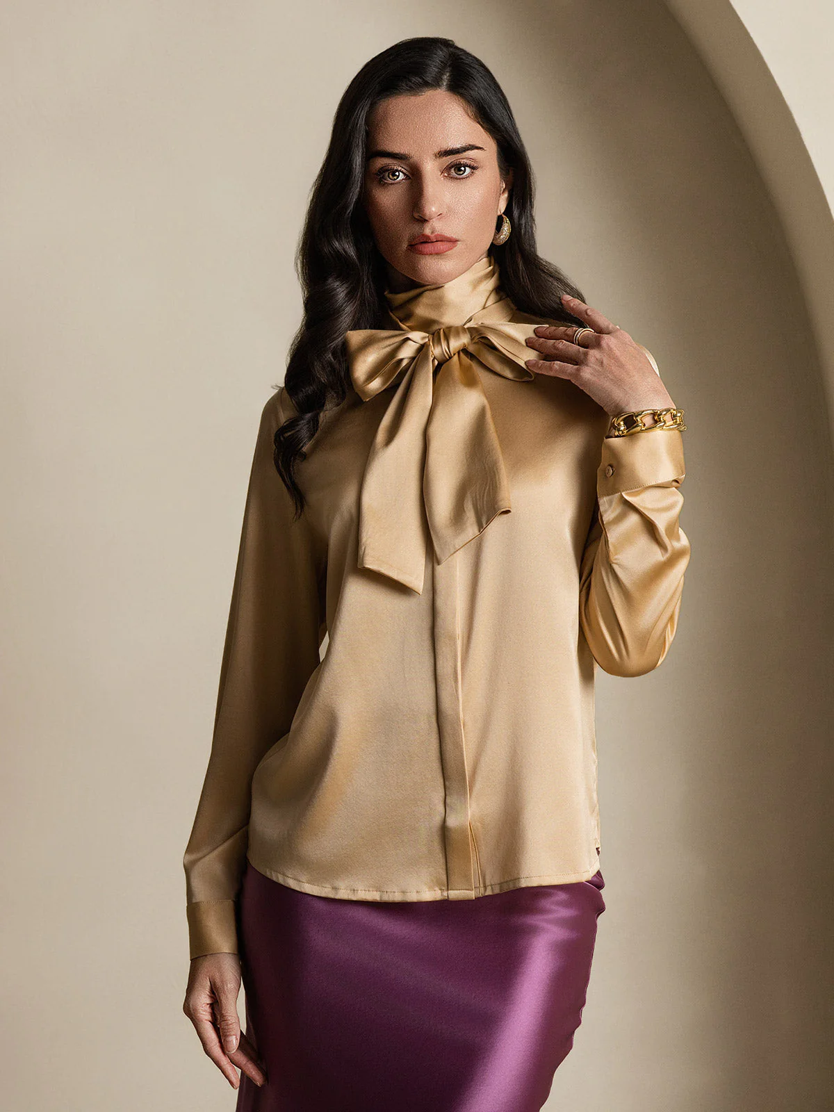 Clearance(Ships to UK Only) - 19Momme Silk Long Sleeve High Neck Bow Tie Blouse - Image 4