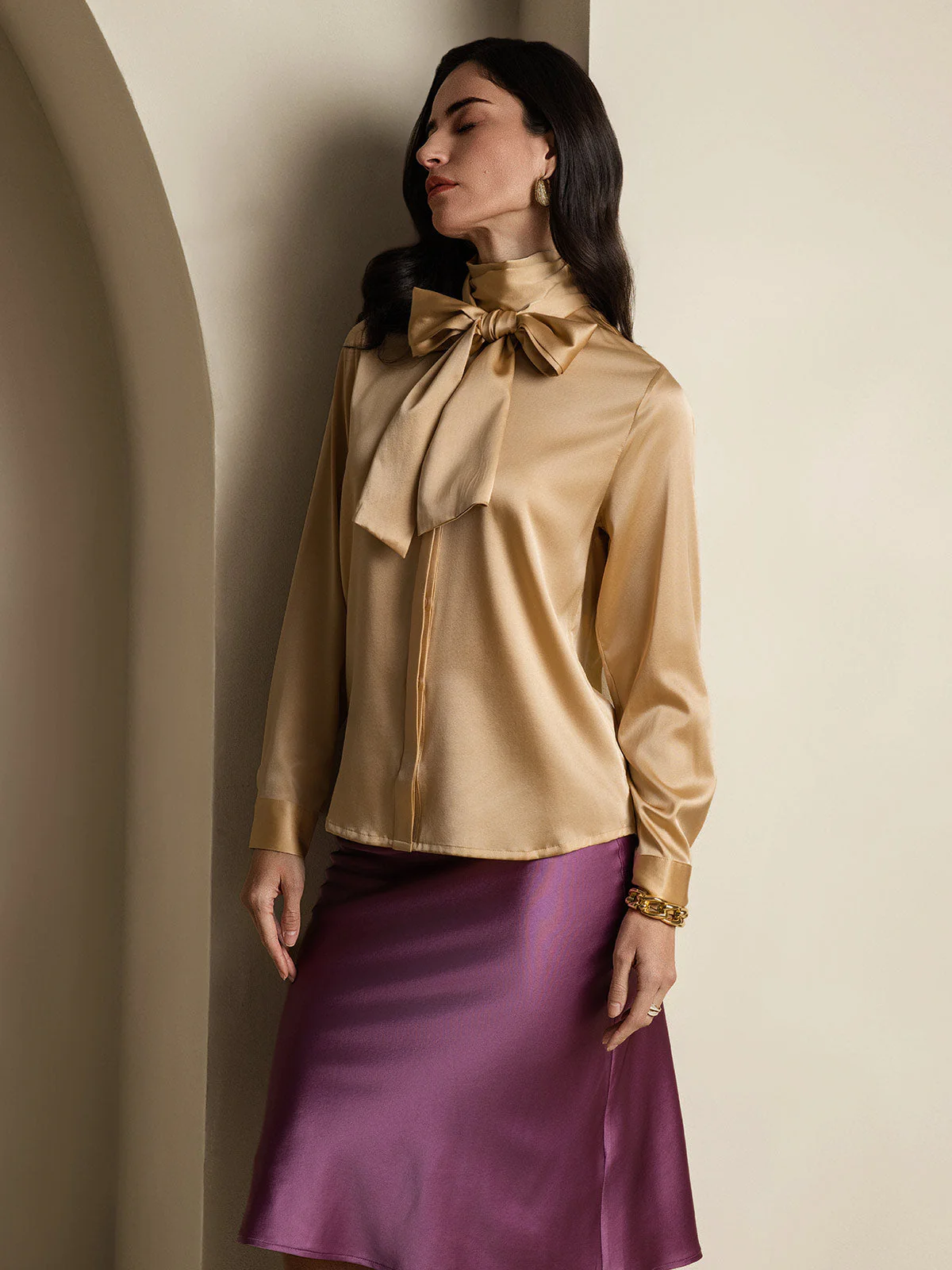 Clearance(Ships to UK Only) - 19Momme Silk Long Sleeve High Neck Bow Tie Blouse - Image 5