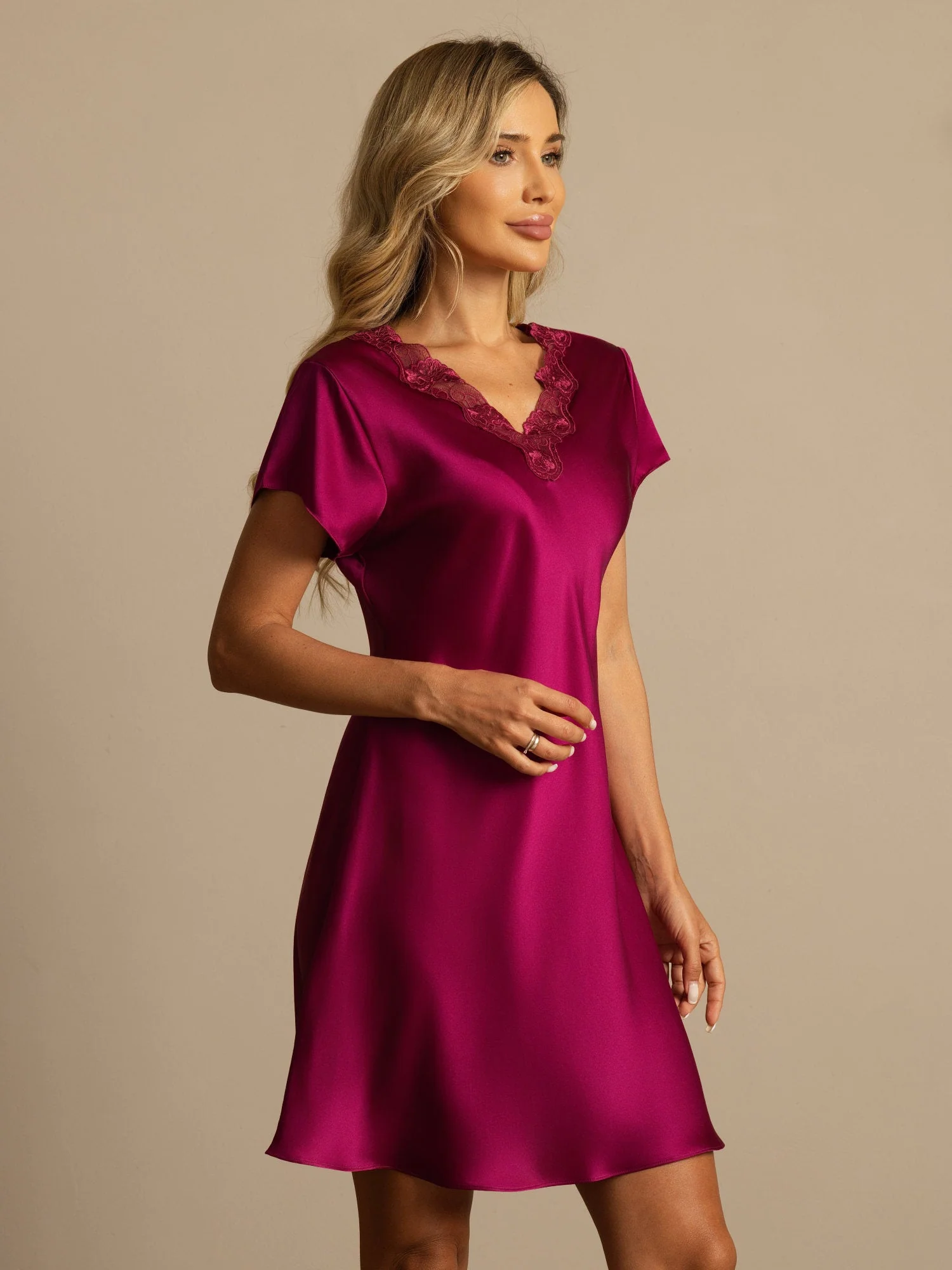 Pure Silk Short Sleeve V-neck Short Nightdress with Lace Split Design - Image 16