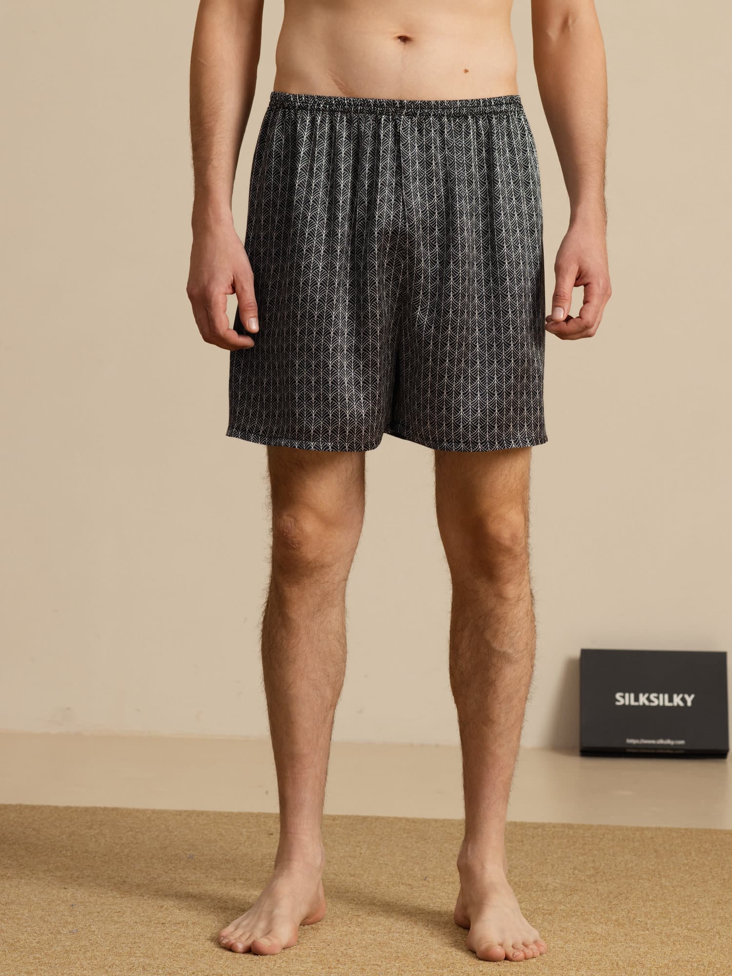 Pure Silk Navy Ginkgo Print Elastic Waist Men's Sleep Shorts - Image 10