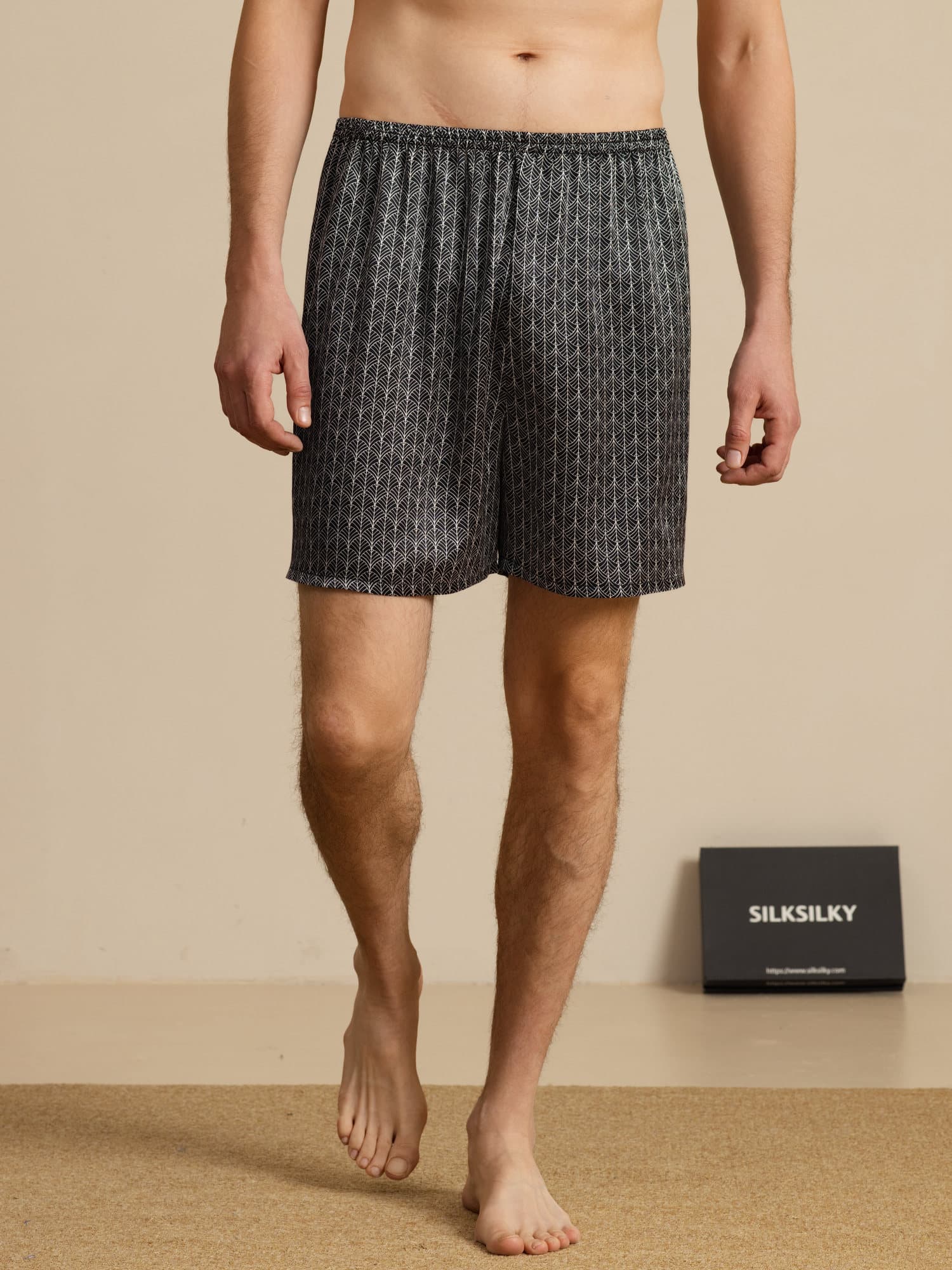Pure Silk Navy Ginkgo Print Elastic Waist Men's Sleep Shorts - Image 11