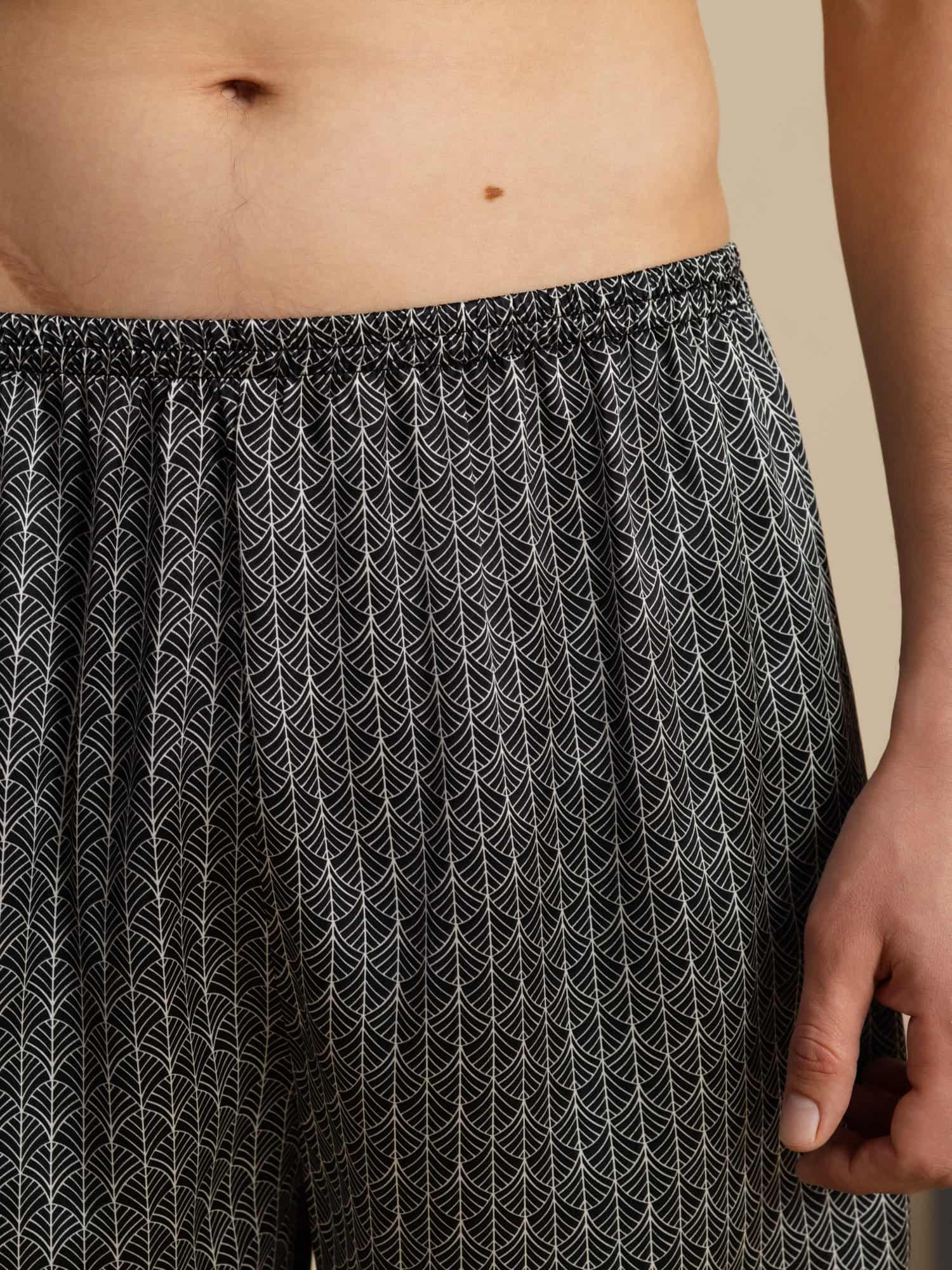 Pure Silk Navy Ginkgo Print Elastic Waist Men's Sleep Shorts - Image 12