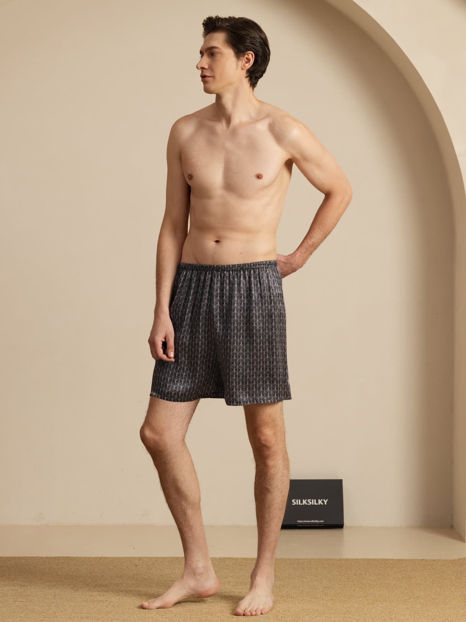 Pure Silk Navy Ginkgo Print Elastic Waist Men's Sleep Shorts - Image 13