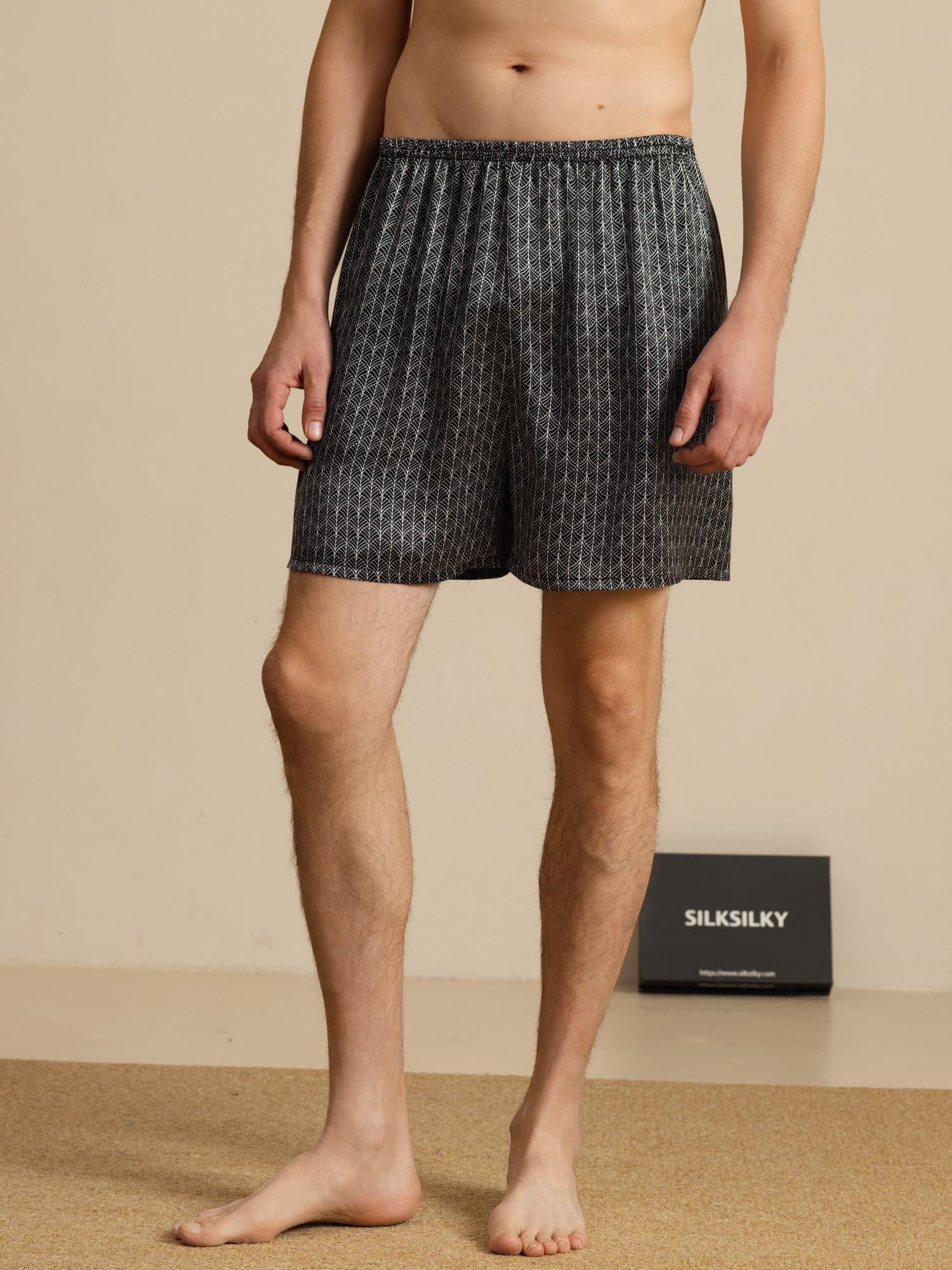 Pure Silk Navy Ginkgo Print Elastic Waist Men's Sleep Shorts - Image 8