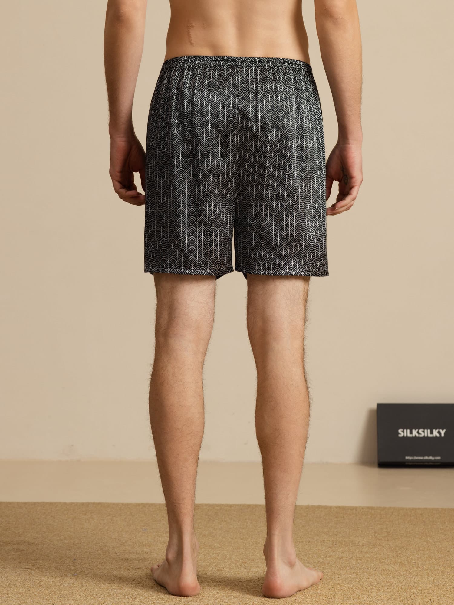 Pure Silk Navy Ginkgo Print Elastic Waist Men's Sleep Shorts - Image 9