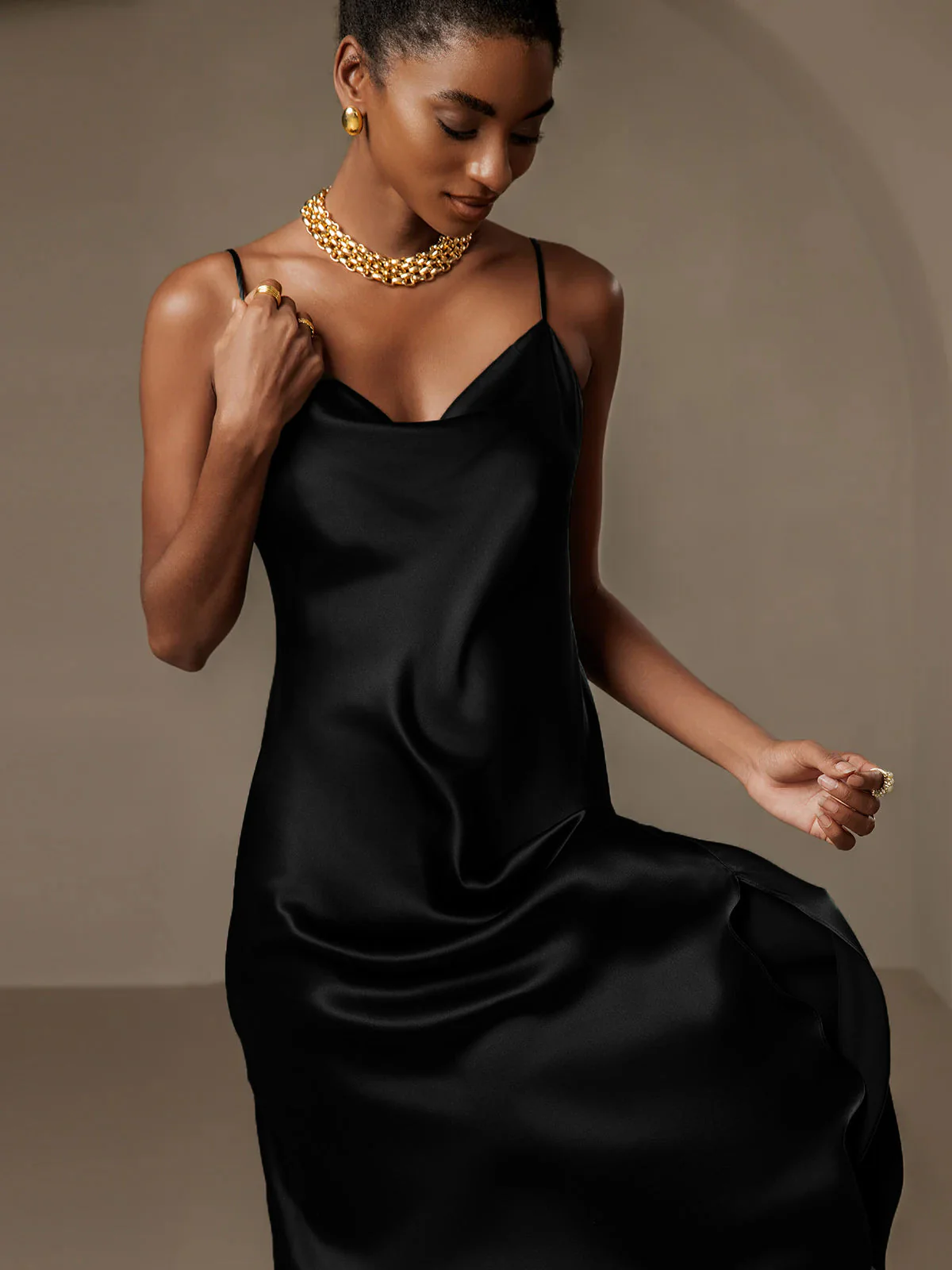 Pure Silk Spaghetti Strap Cowl Neck Bias Midi Dress with Split Design - Image 13
