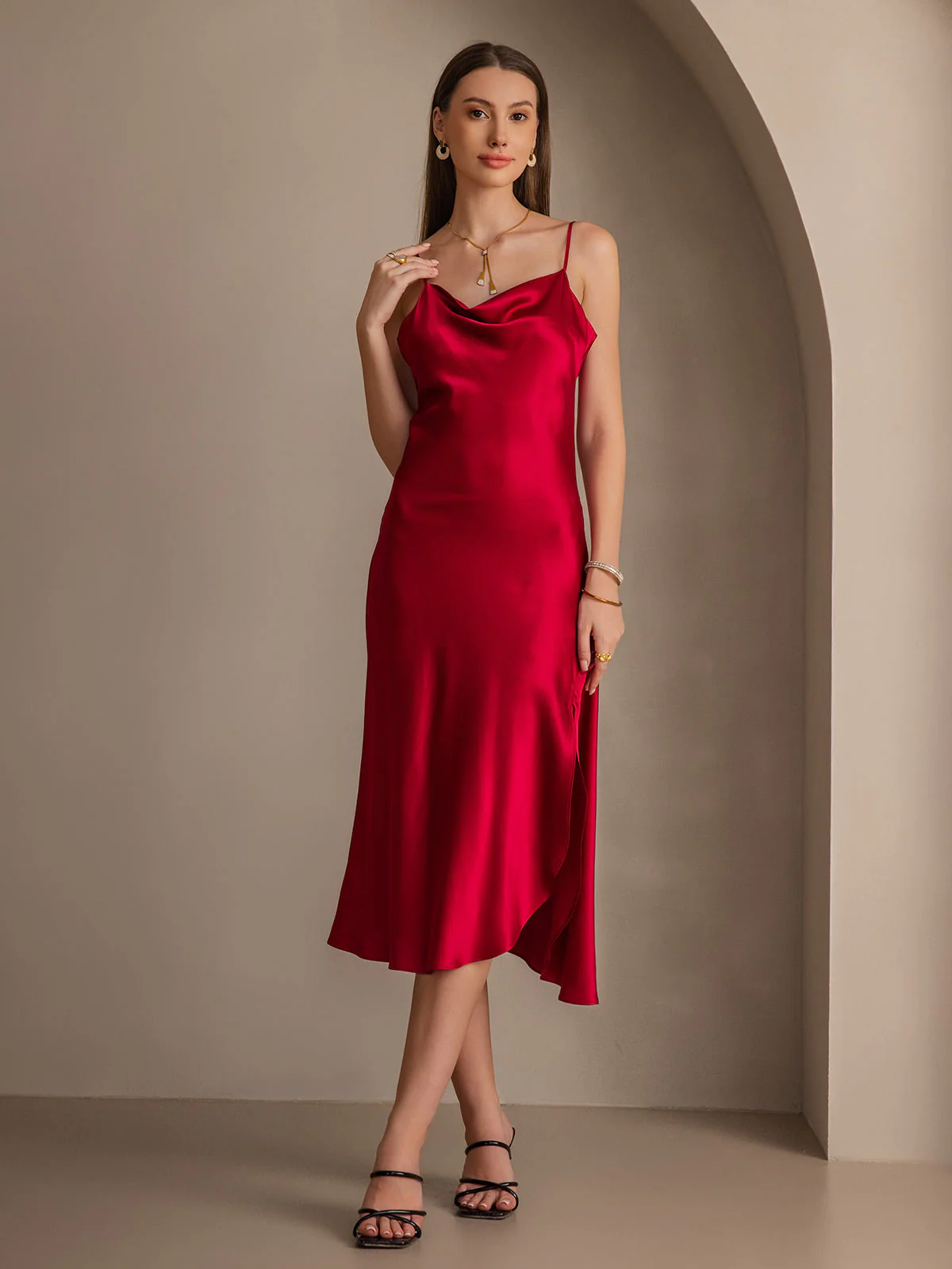 Pure Silk Spaghetti Strap Cowl Neck Bias Midi Dress with Split Design - Image 22