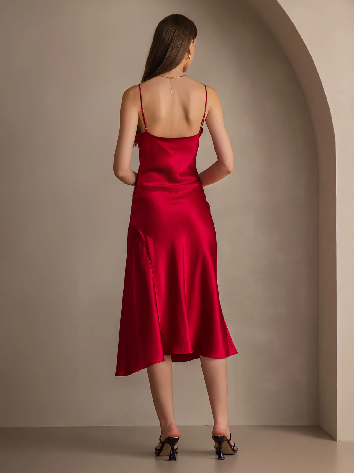 Pure Silk Spaghetti Strap Cowl Neck Bias Midi Dress with Split Design - Image 23