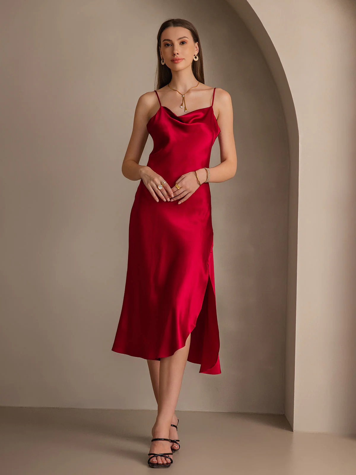 Pure Silk Spaghetti Strap Cowl Neck Bias Midi Dress with Split Design - Image 26