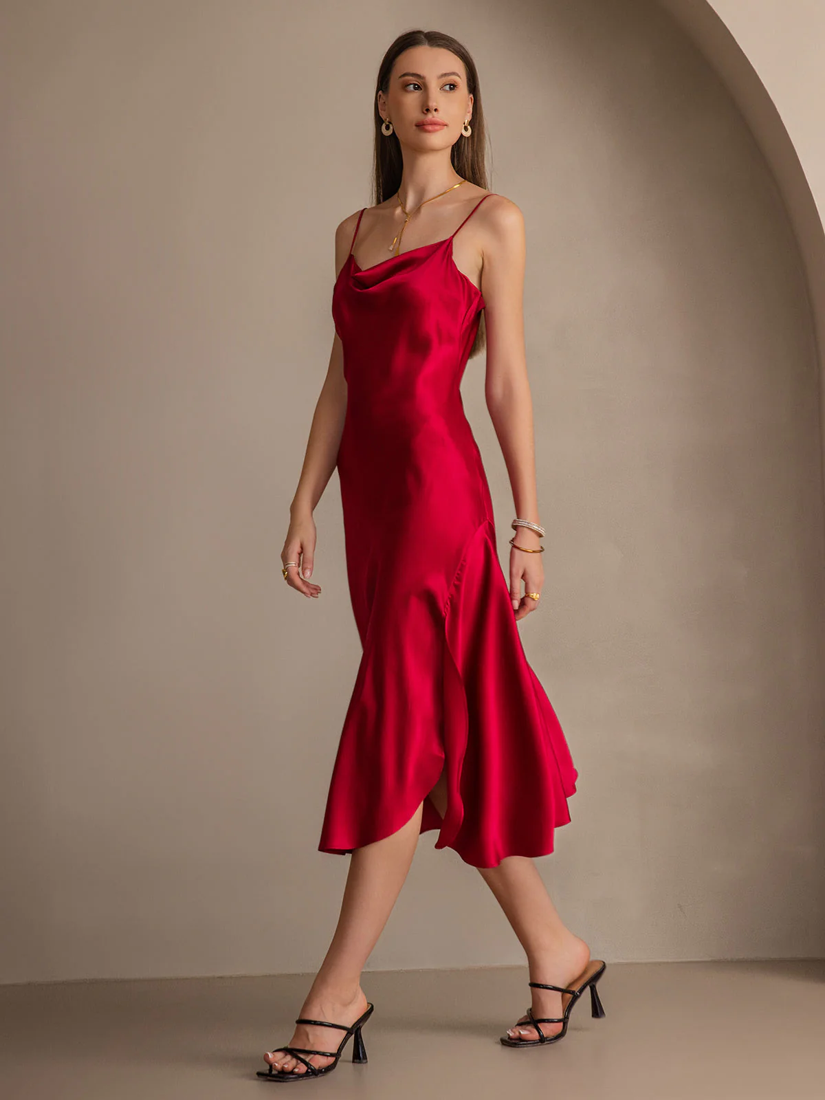 Pure Silk Spaghetti Strap Cowl Neck Bias Midi Dress with Split Design - Image 27