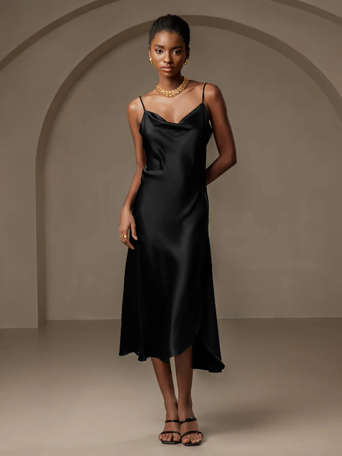 Pure Silk Spaghetti Strap Cowl Neck Bias Midi Dress with Split Design - Image 8