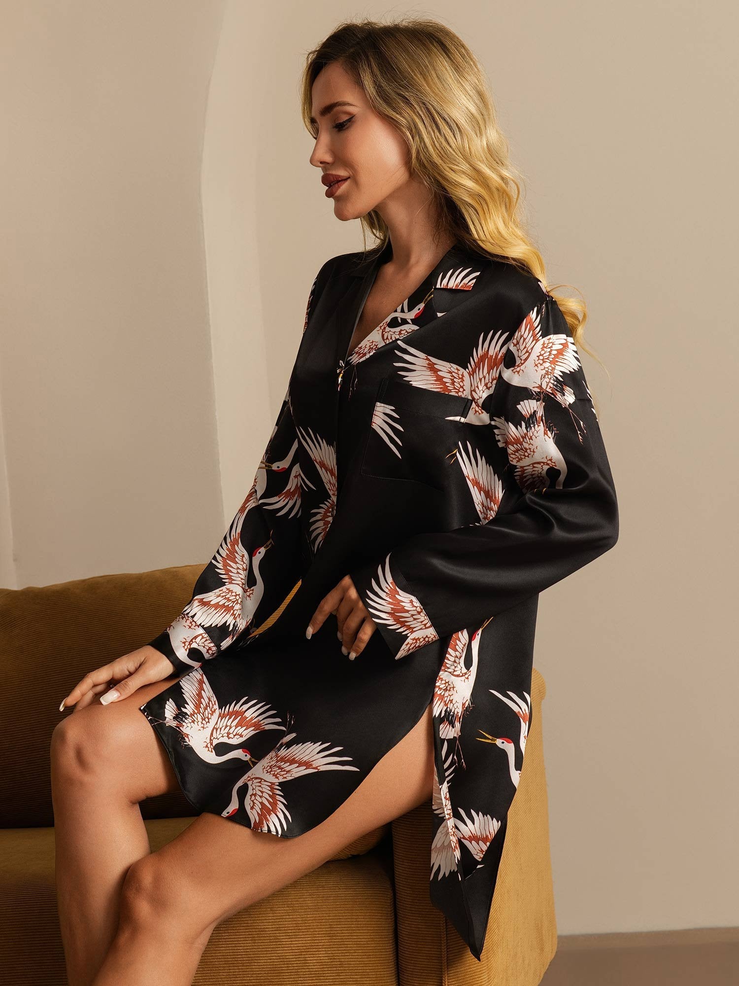 19Momme Pure Silk Crane Print Nightshirt with High-Low Hem - Image 15