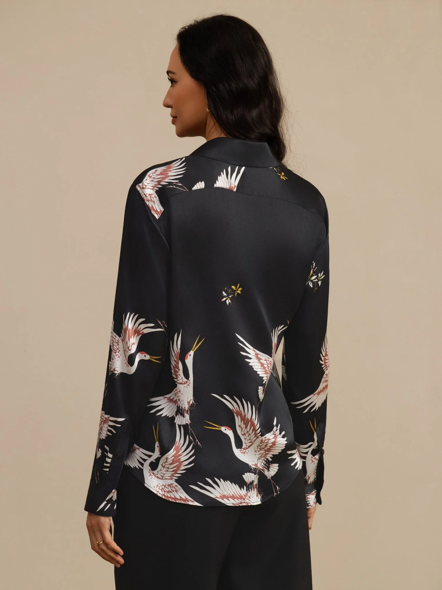19Momme Pure Silk Long Sleeve Lapel Collar Women's Crane Print Button Blouse - Image 10
