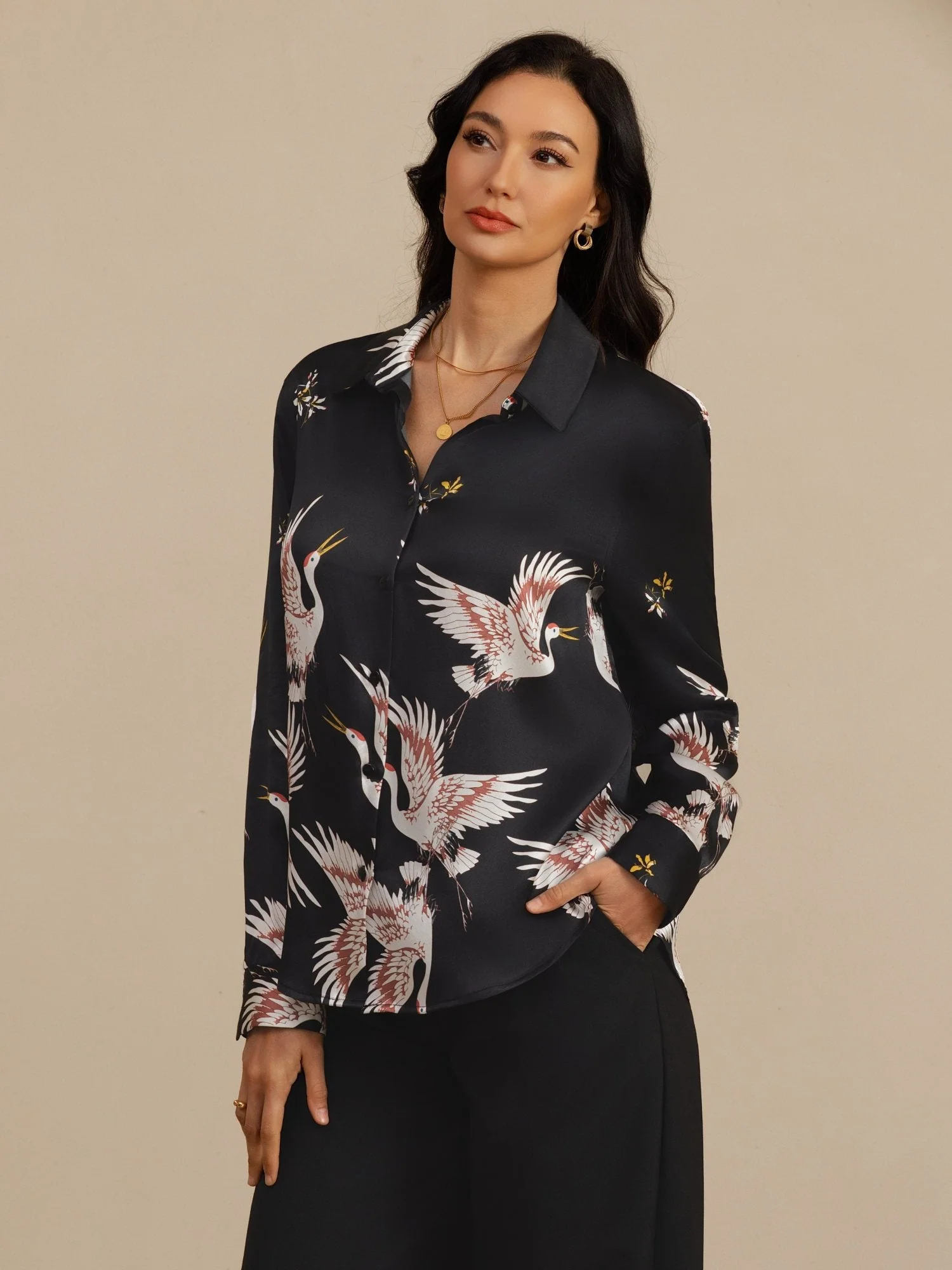 19Momme Pure Silk Long Sleeve Lapel Collar Women's Crane Print Button Blouse - Image 11