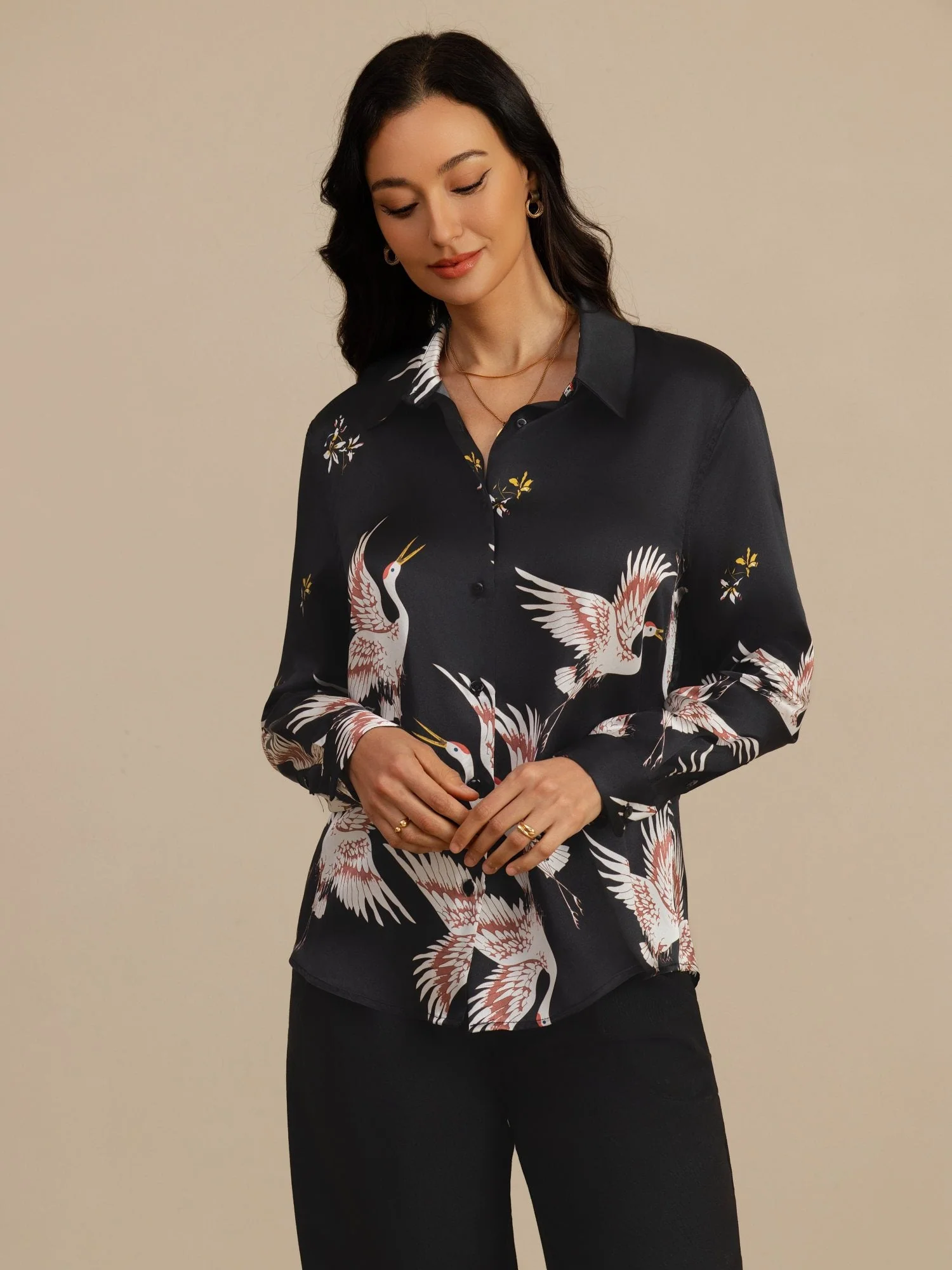 19Momme Pure Silk Long Sleeve Lapel Collar Women's Crane Print Button Blouse - Image 12
