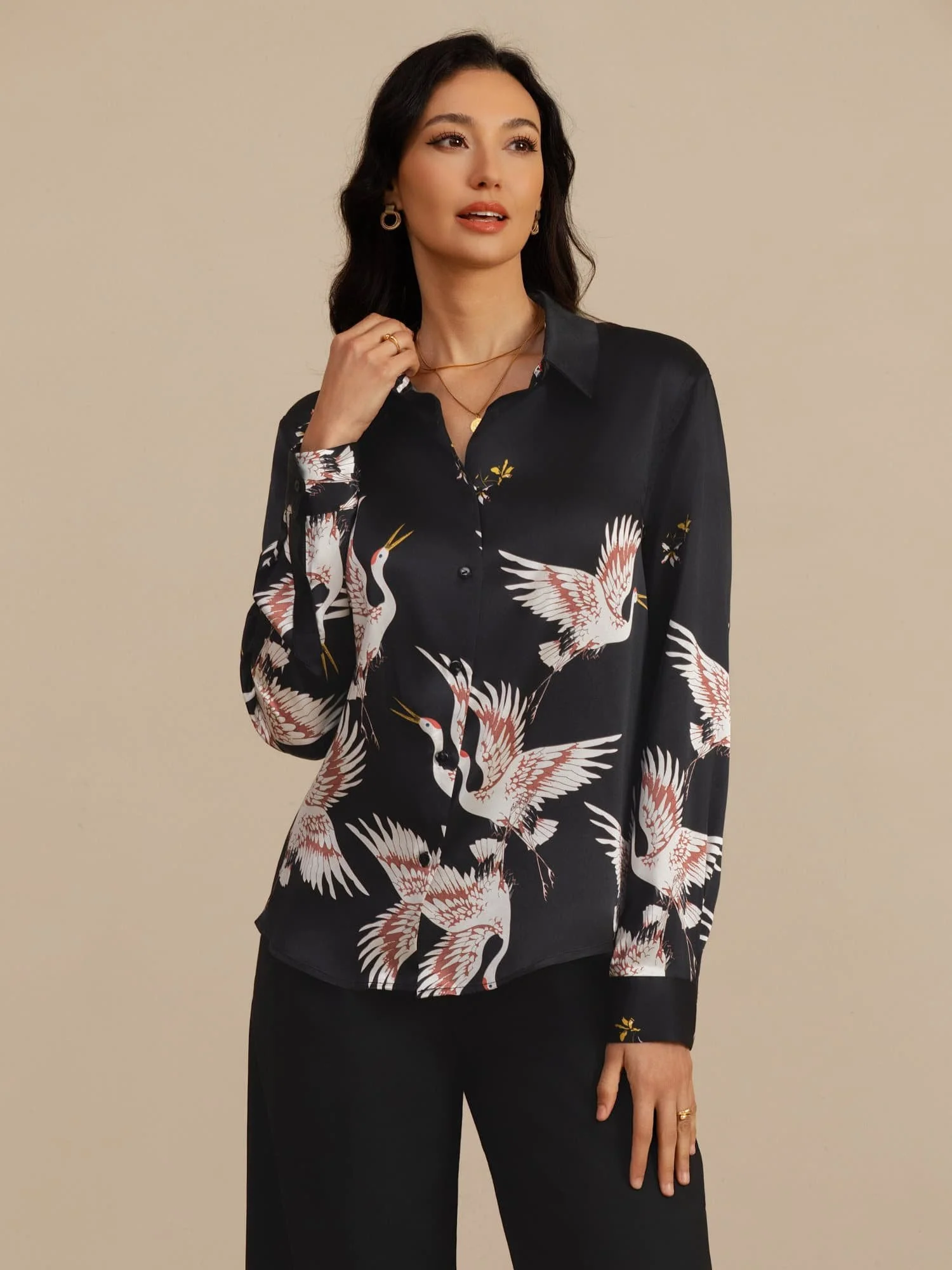 19Momme Pure Silk Long Sleeve Lapel Collar Women's Crane Print Button Blouse - Image 13