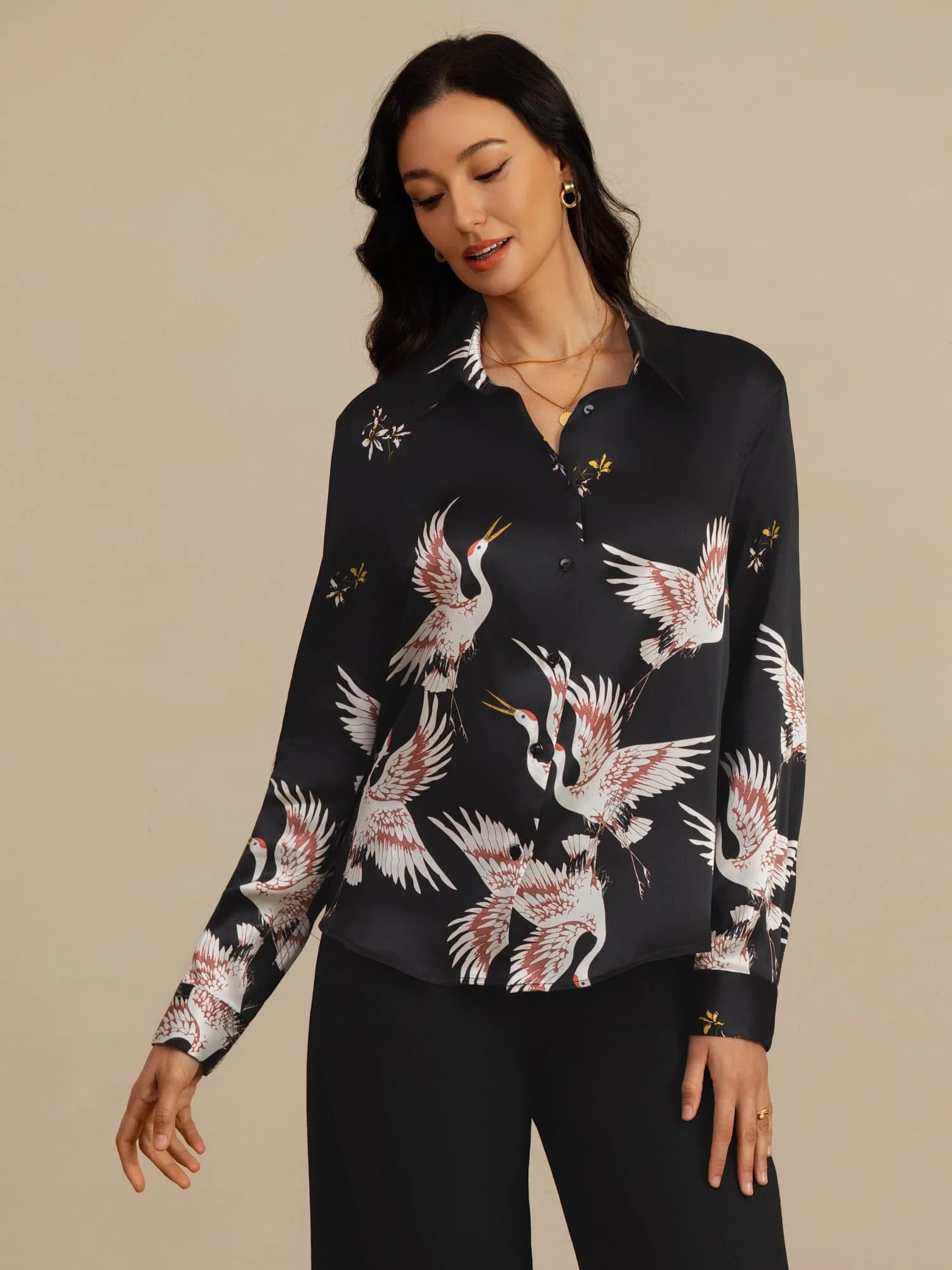 19Momme Pure Silk Long Sleeve Lapel Collar Women's Crane Print Button Blouse - Image 14