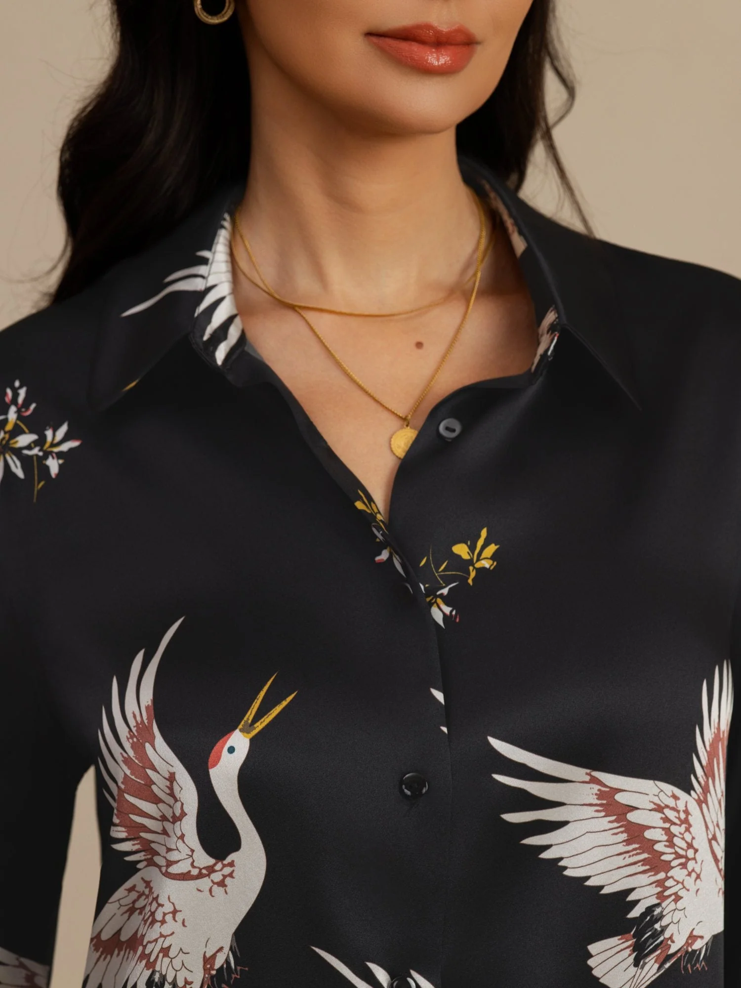 19Momme Pure Silk Long Sleeve Lapel Collar Women's Crane Print Button Blouse - Image 15