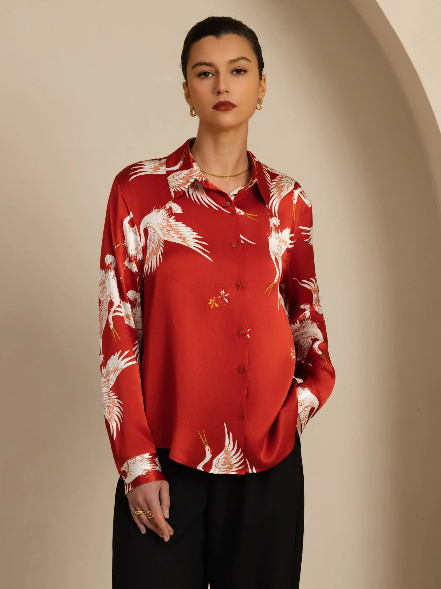 19Momme Pure Silk Long Sleeve Lapel Collar Women's Crane Print Button Blouse - Image 19