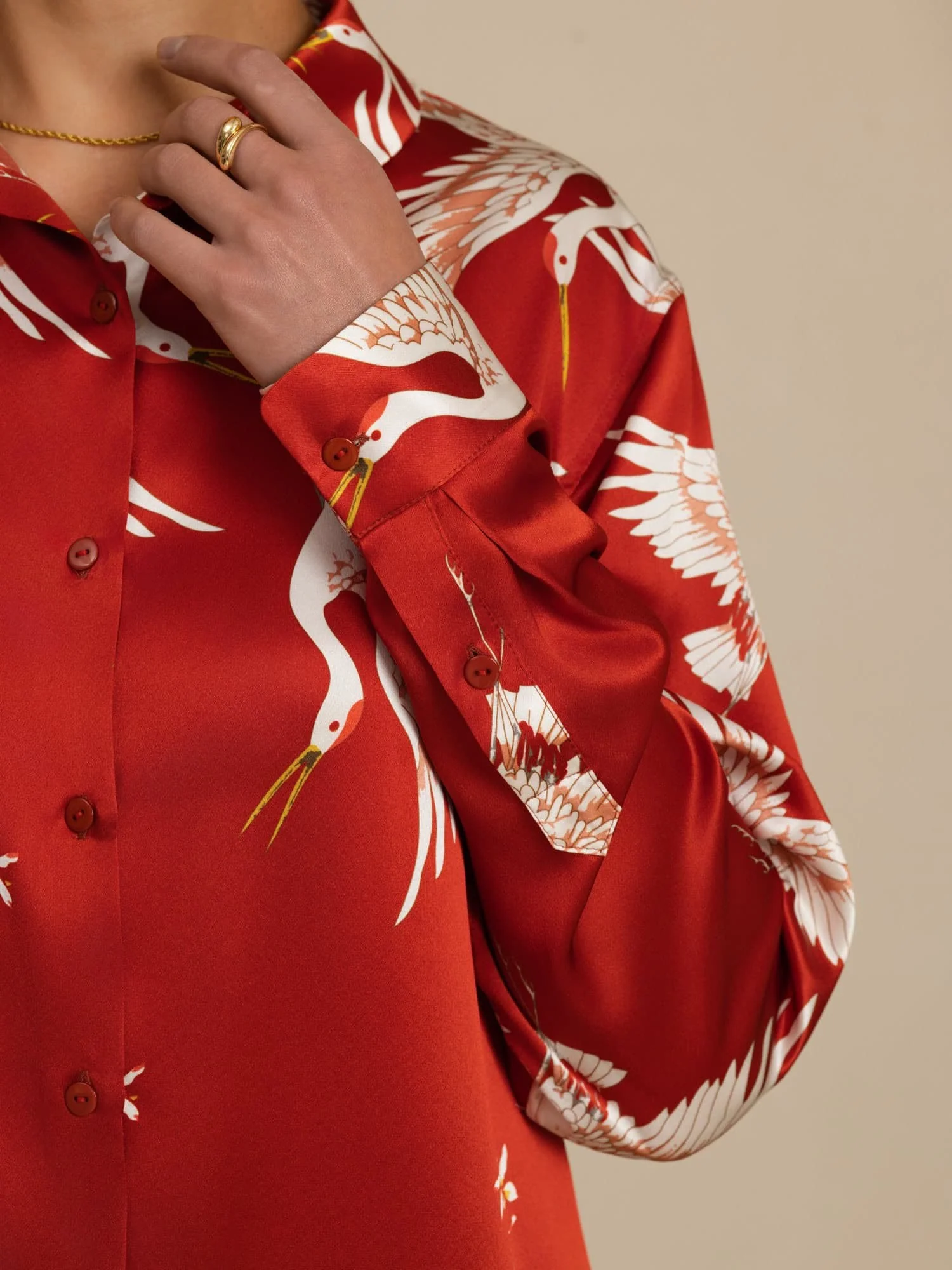 19Momme Pure Silk Long Sleeve Lapel Collar Women's Crane Print Button Blouse - Image 20