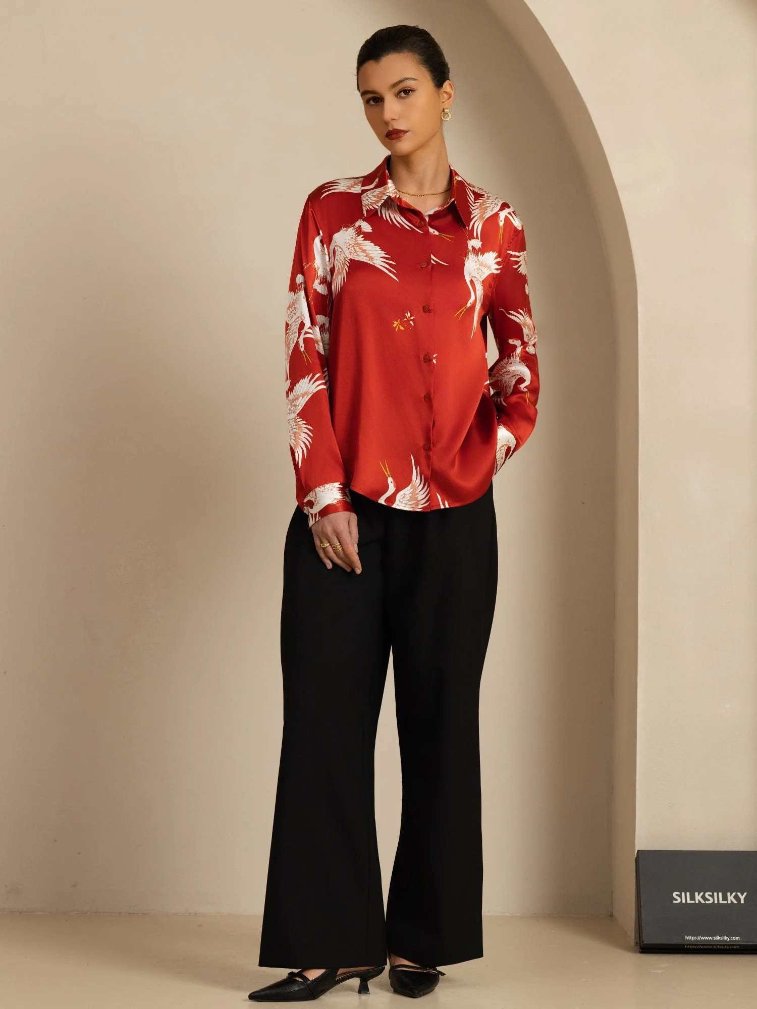 19Momme Pure Silk Long Sleeve Lapel Collar Women's Crane Print Button Blouse - Image 21
