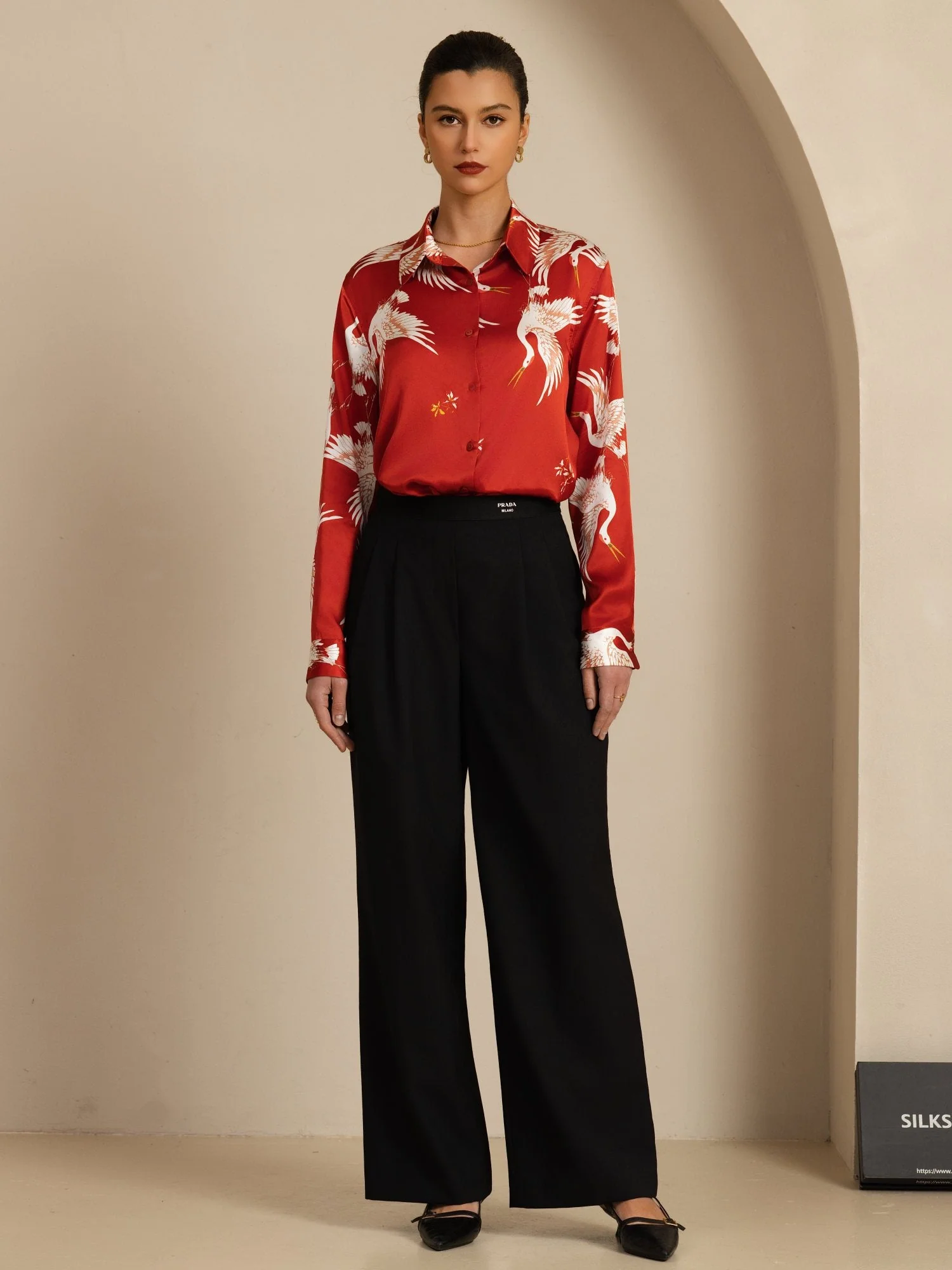 19Momme Pure Silk Long Sleeve Lapel Collar Women's Crane Print Button Blouse - Image 22