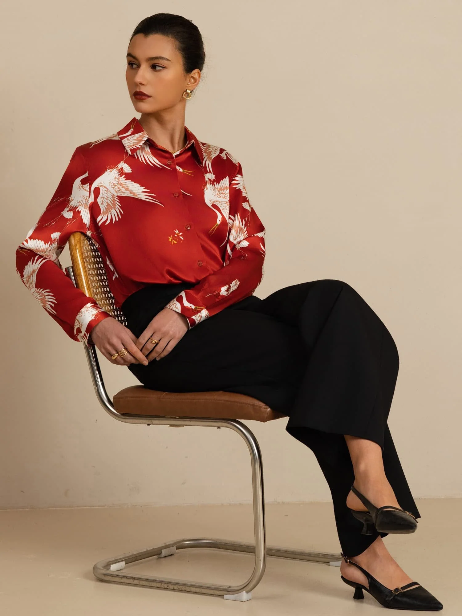 19Momme Pure Silk Long Sleeve Lapel Collar Women's Crane Print Button Blouse - Image 23