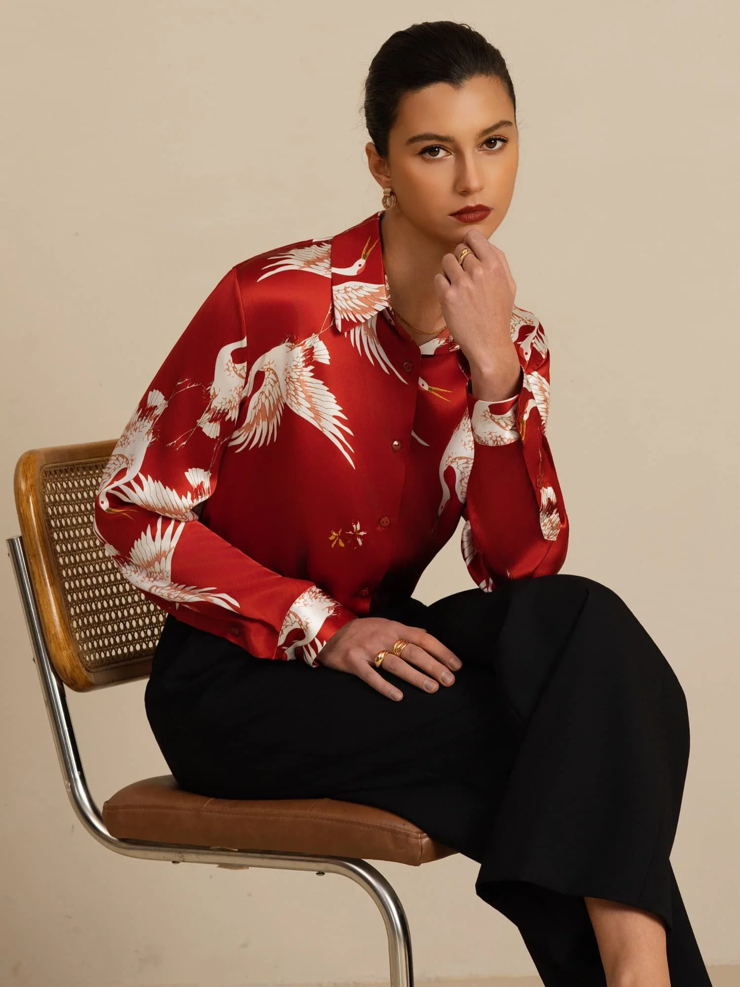 19Momme Pure Silk Long Sleeve Lapel Collar Women's Crane Print Button Blouse - Image 24