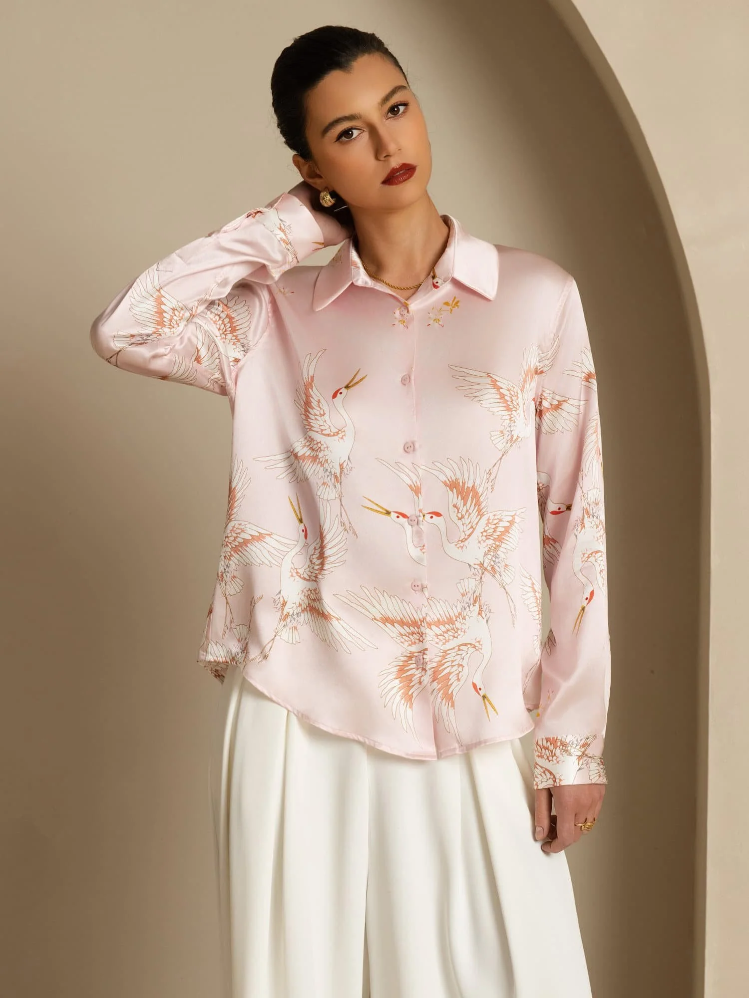 19Momme Pure Silk Long Sleeve Lapel Collar Women's Crane Print Button Blouse - Image 25