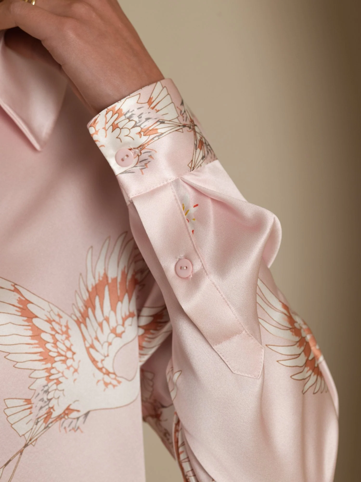 19Momme Pure Silk Long Sleeve Lapel Collar Women's Crane Print Button Blouse - Image 26