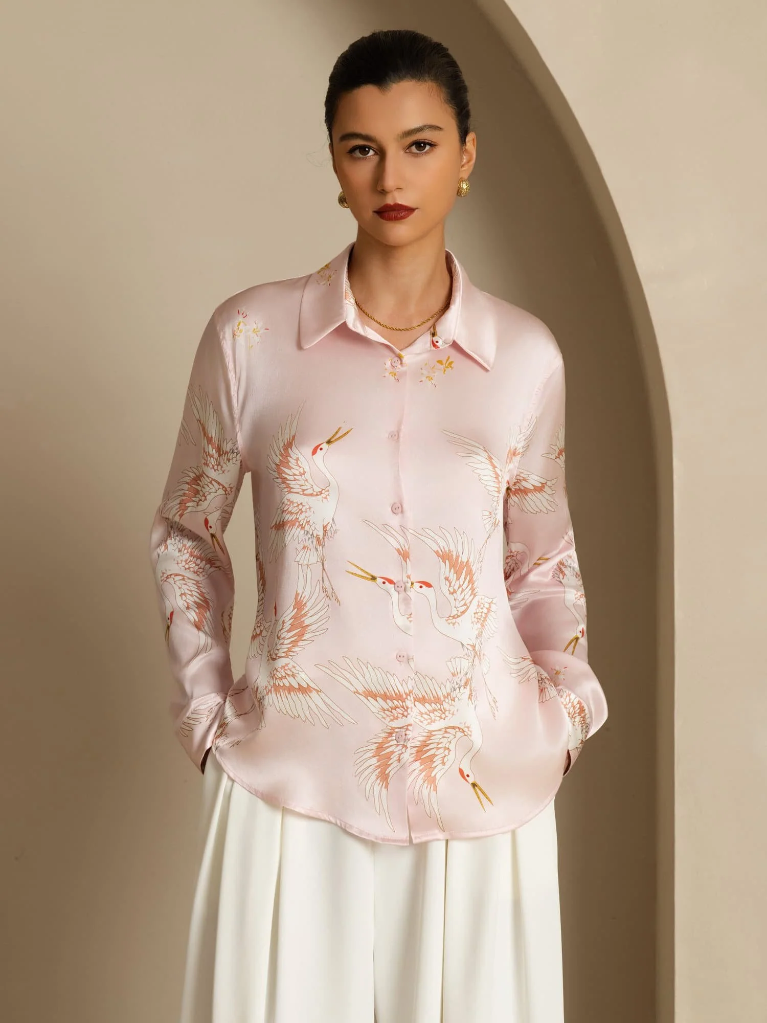 19Momme Pure Silk Long Sleeve Lapel Collar Women's Crane Print Button Blouse - Image 27