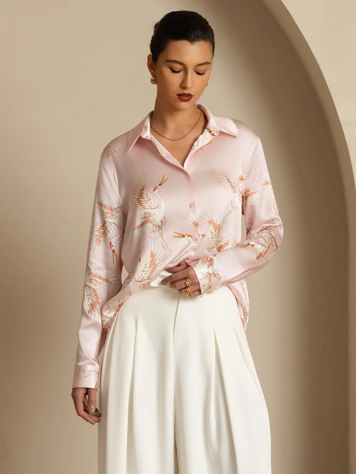 19Momme Pure Silk Long Sleeve Lapel Collar Women's Crane Print Button Blouse - Image 28