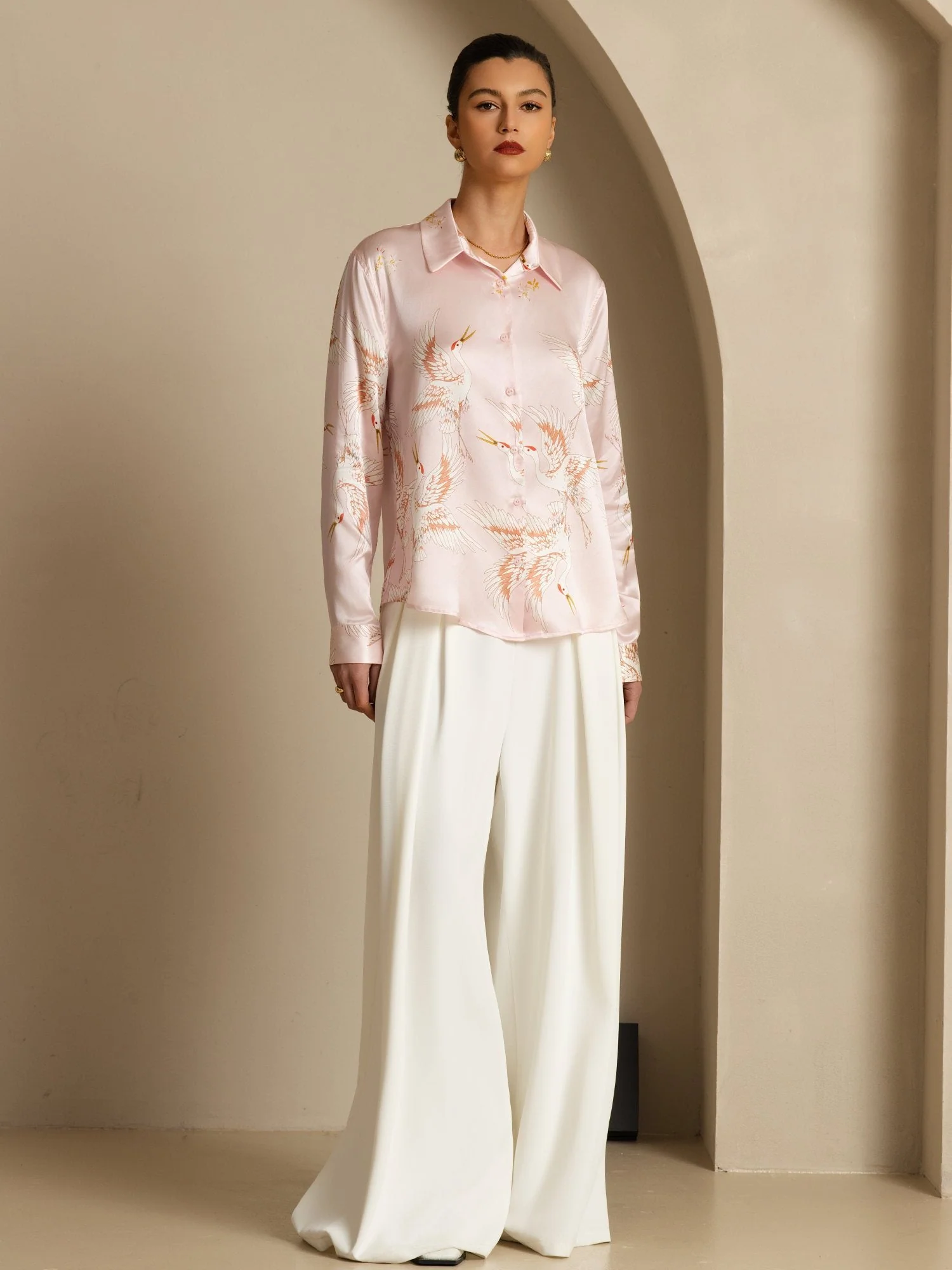 19Momme Pure Silk Long Sleeve Lapel Collar Women's Crane Print Button Blouse - Image 29