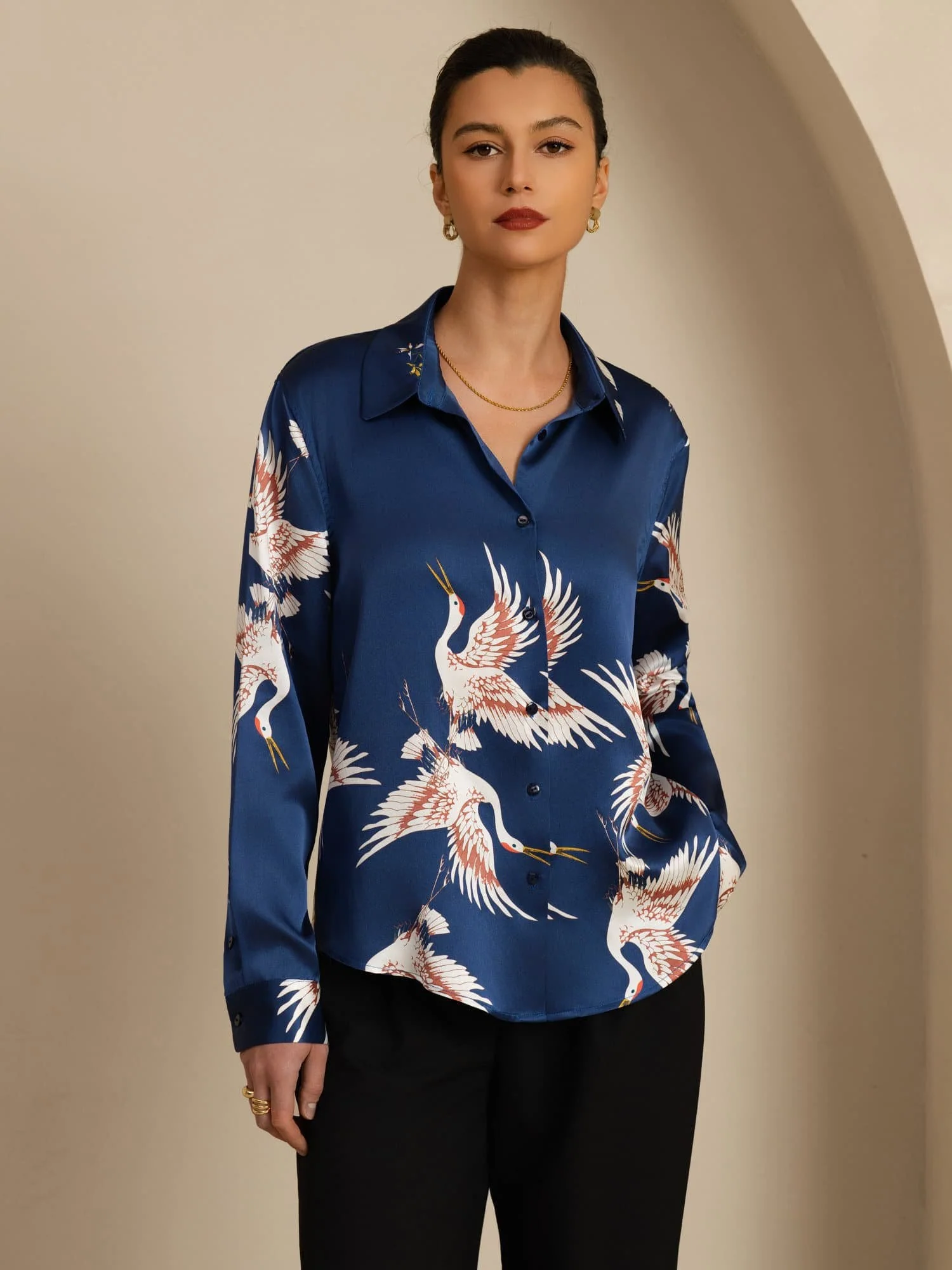 19Momme Pure Silk Long Sleeve Lapel Collar Women's Crane Print Button Blouse - Image 3