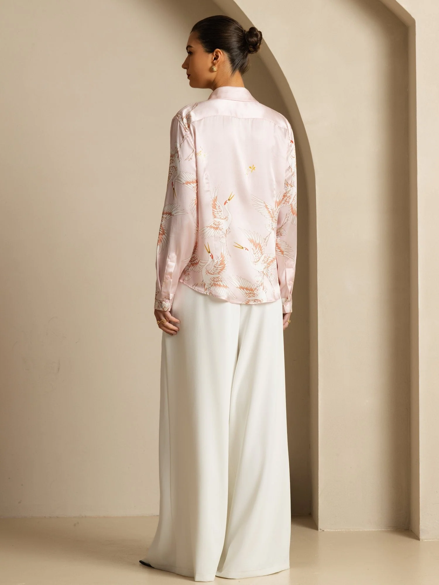 19Momme Pure Silk Long Sleeve Lapel Collar Women's Crane Print Button Blouse - Image 30