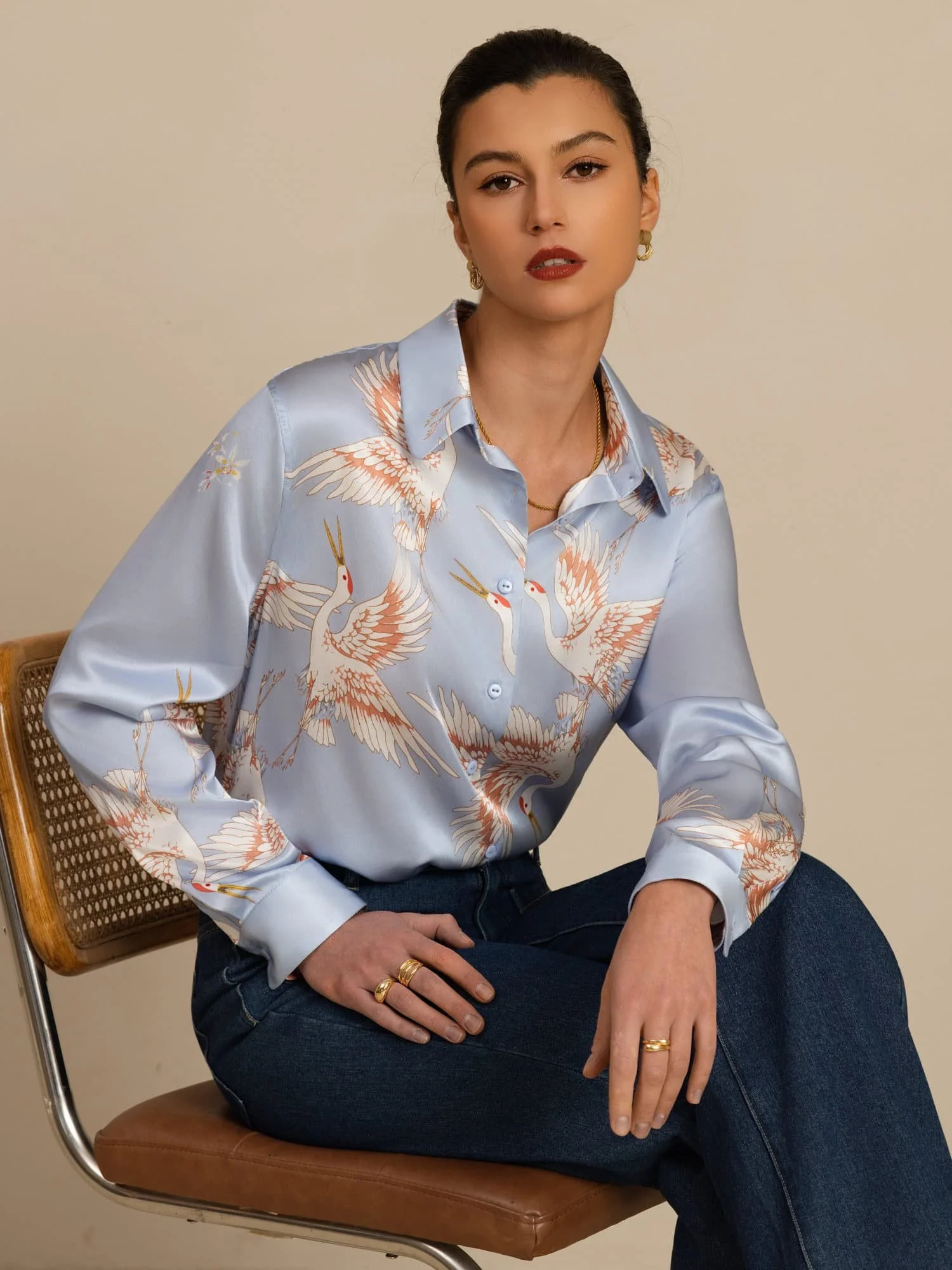 19Momme Pure Silk Long Sleeve Lapel Collar Women's Crane Print Button Blouse - Image 32