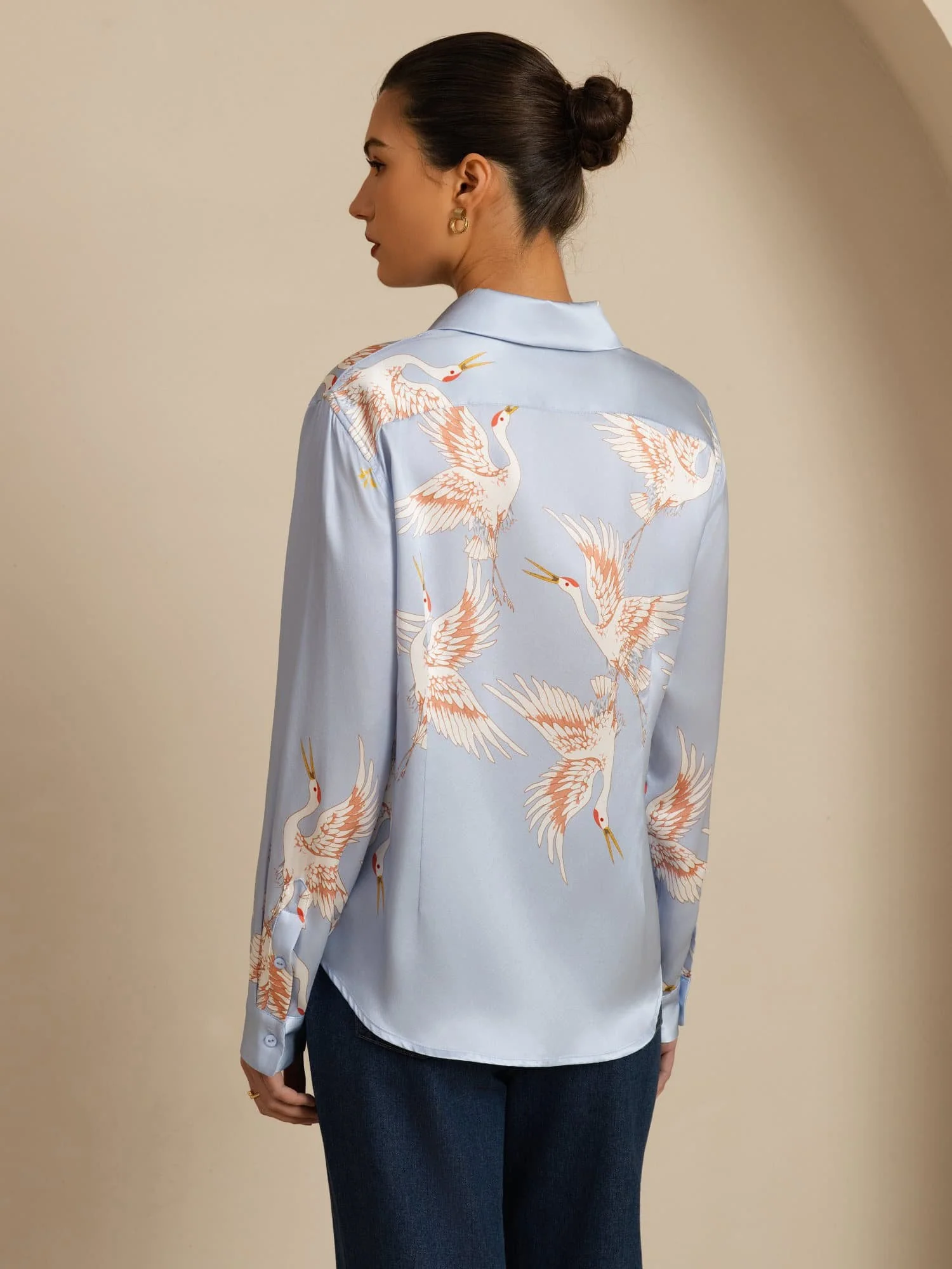 19Momme Pure Silk Long Sleeve Lapel Collar Women's Crane Print Button Blouse - Image 33