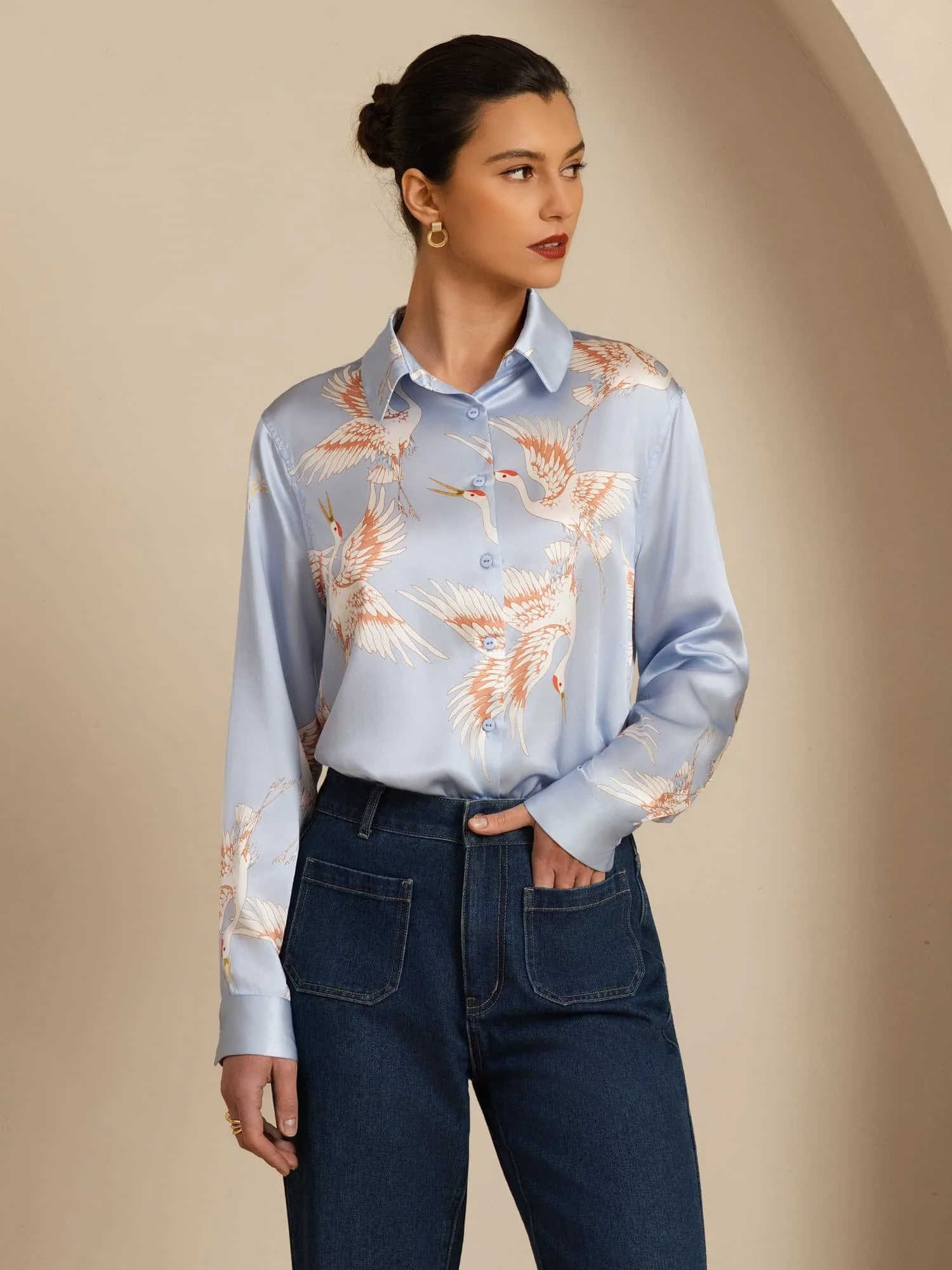 19Momme Pure Silk Long Sleeve Lapel Collar Women's Crane Print Button Blouse - Image 34