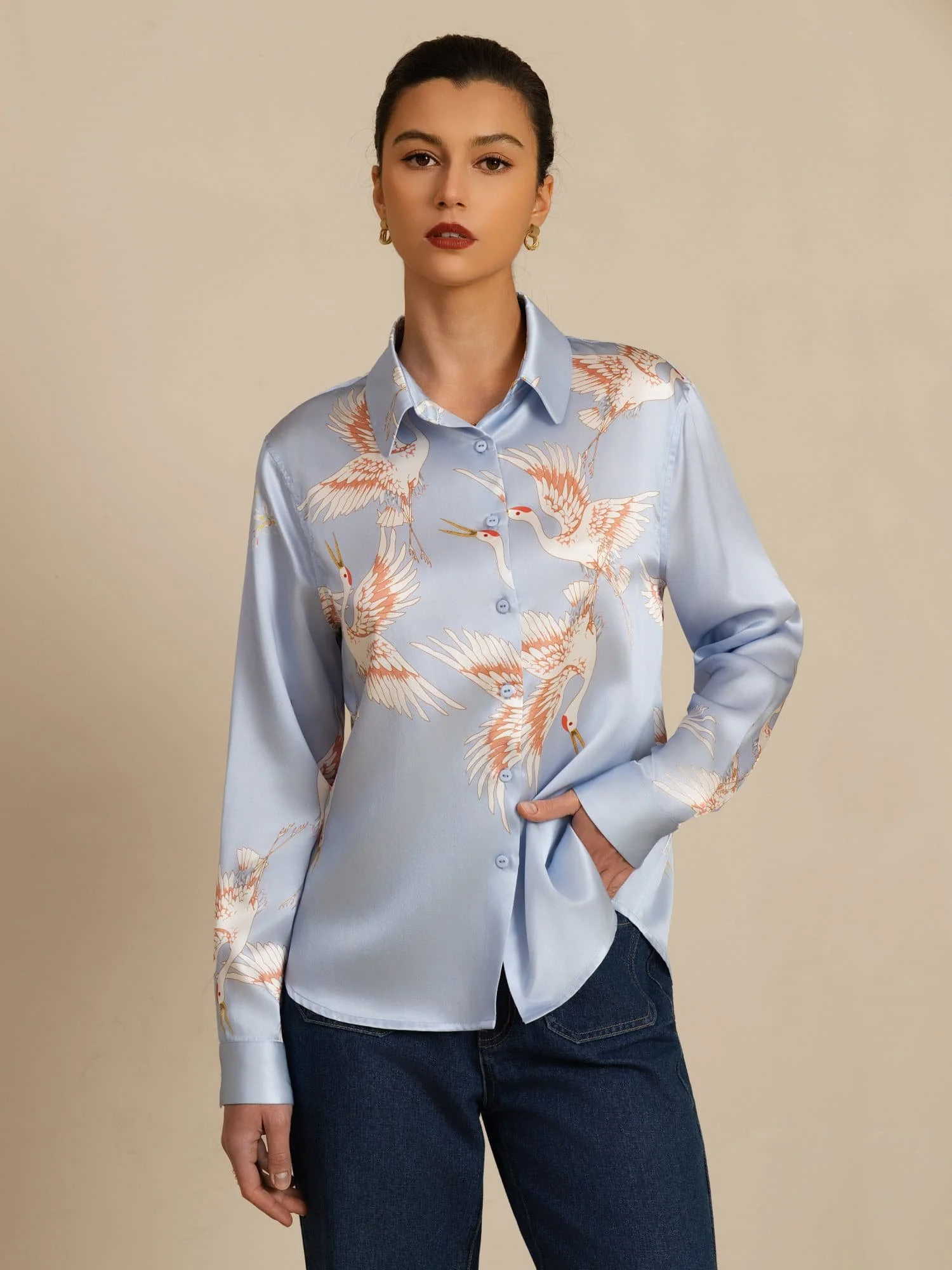 19Momme Pure Silk Long Sleeve Lapel Collar Women's Crane Print Button Blouse - Image 35