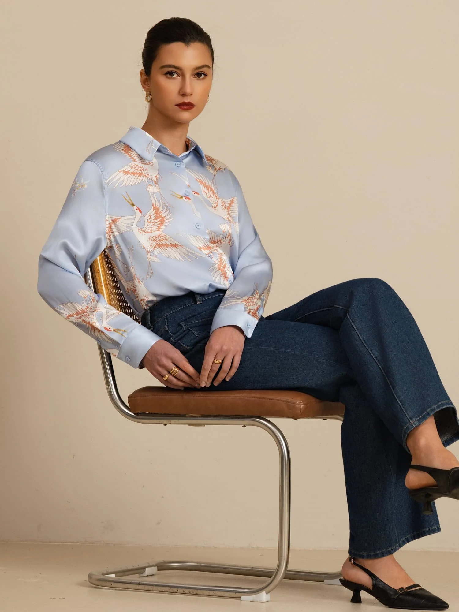 19Momme Pure Silk Long Sleeve Lapel Collar Women's Crane Print Button Blouse - Image 36