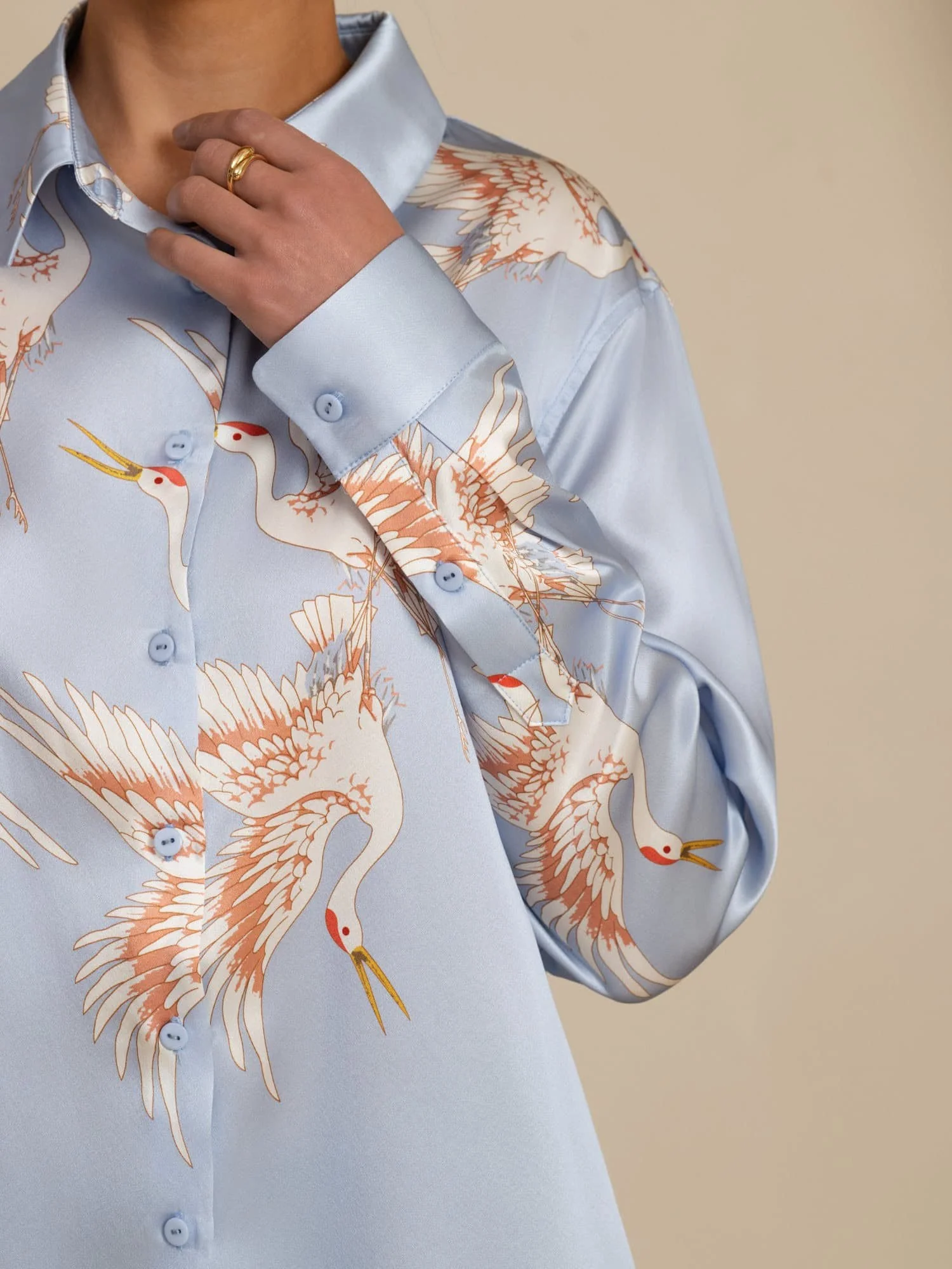 19Momme Pure Silk Long Sleeve Lapel Collar Women's Crane Print Button Blouse - Image 37