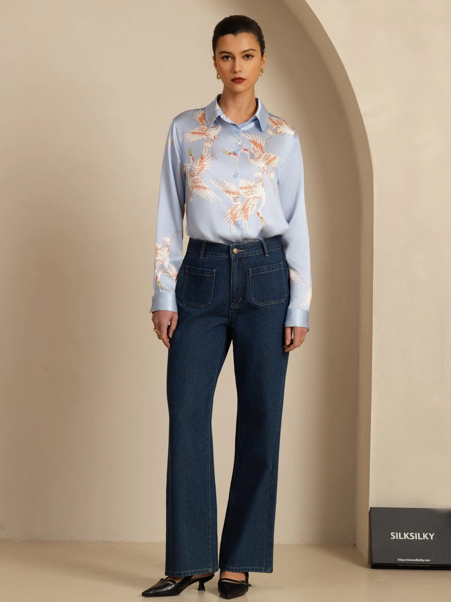 19Momme Pure Silk Long Sleeve Lapel Collar Women's Crane Print Button Blouse - Image 38