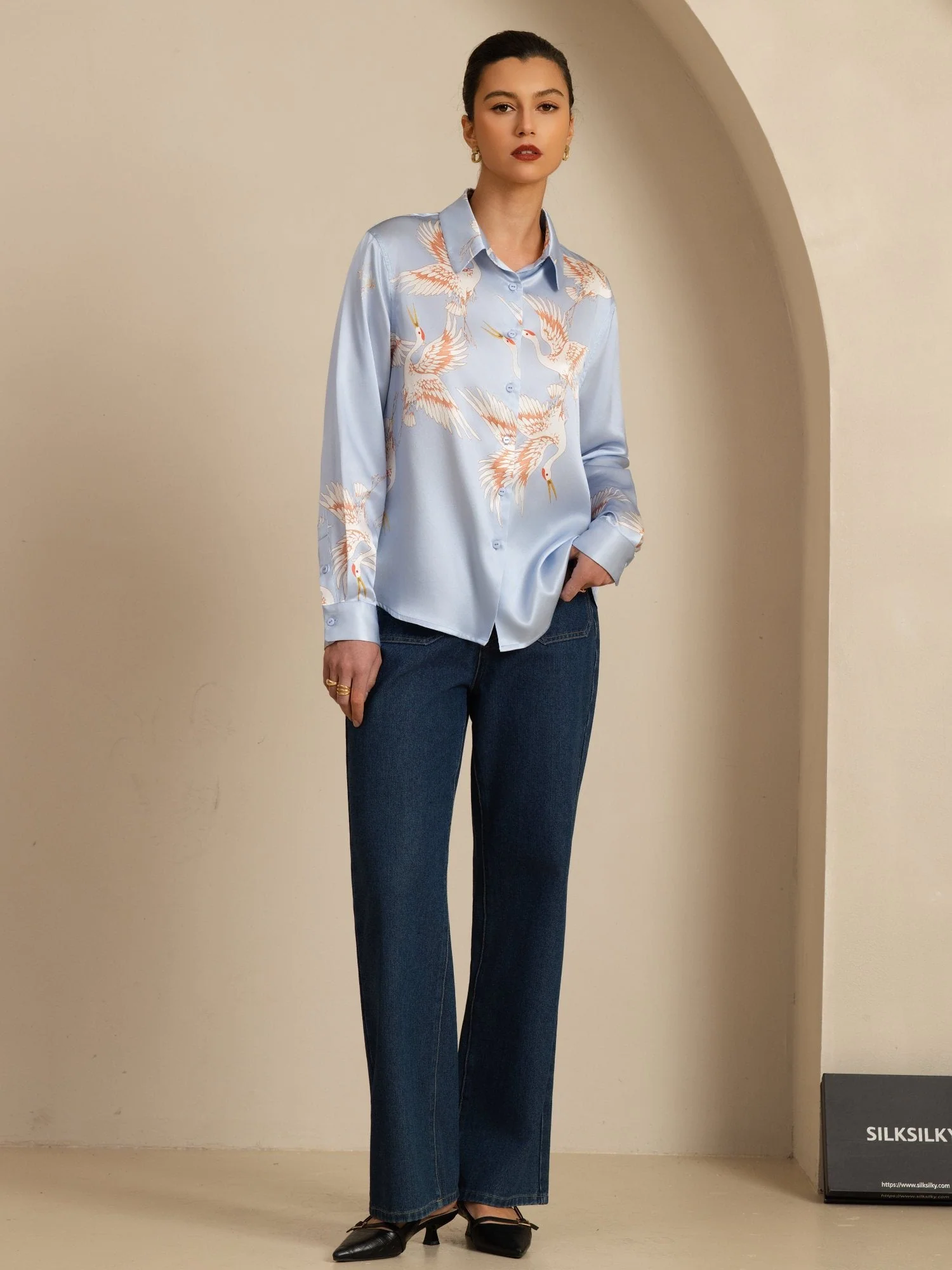 19Momme Pure Silk Long Sleeve Lapel Collar Women's Crane Print Button Blouse - Image 39
