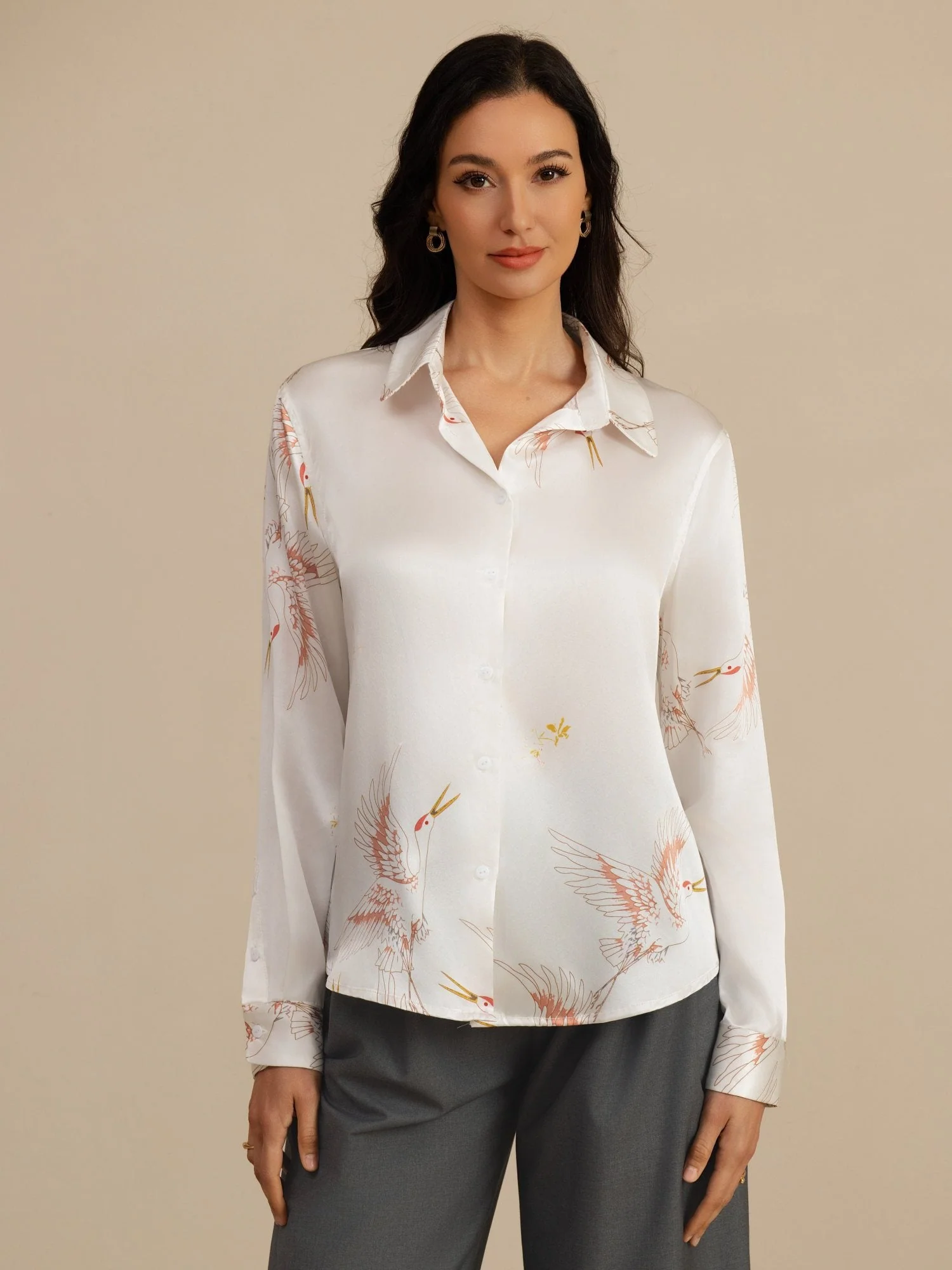 19Momme Pure Silk Long Sleeve Lapel Collar Women's Crane Print Button Blouse - Image 40