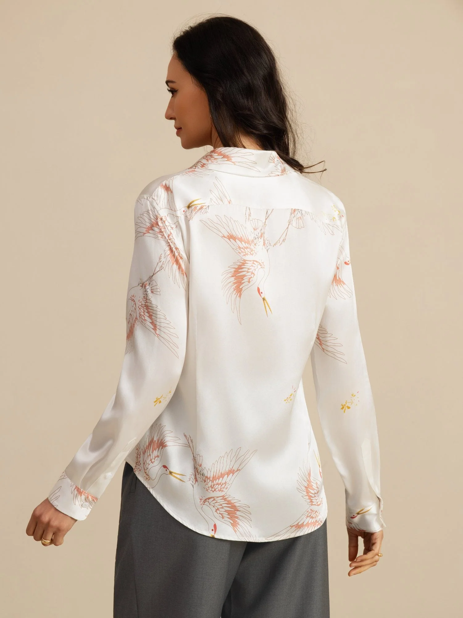19Momme Pure Silk Long Sleeve Lapel Collar Women's Crane Print Button Blouse - Image 41