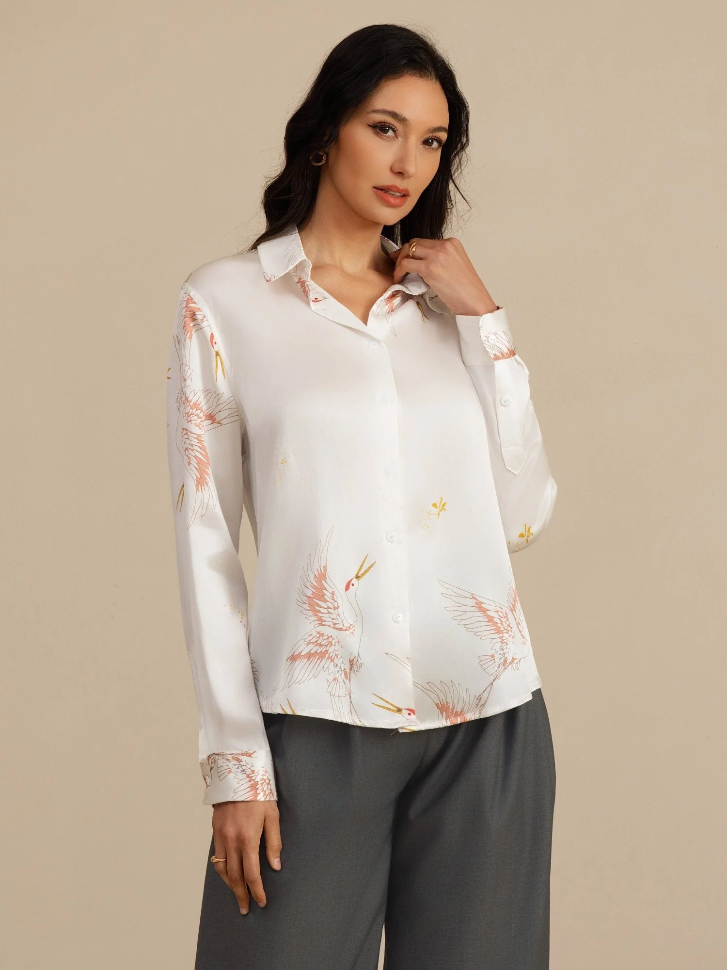 19Momme Pure Silk Long Sleeve Lapel Collar Women's Crane Print Button Blouse - Image 42