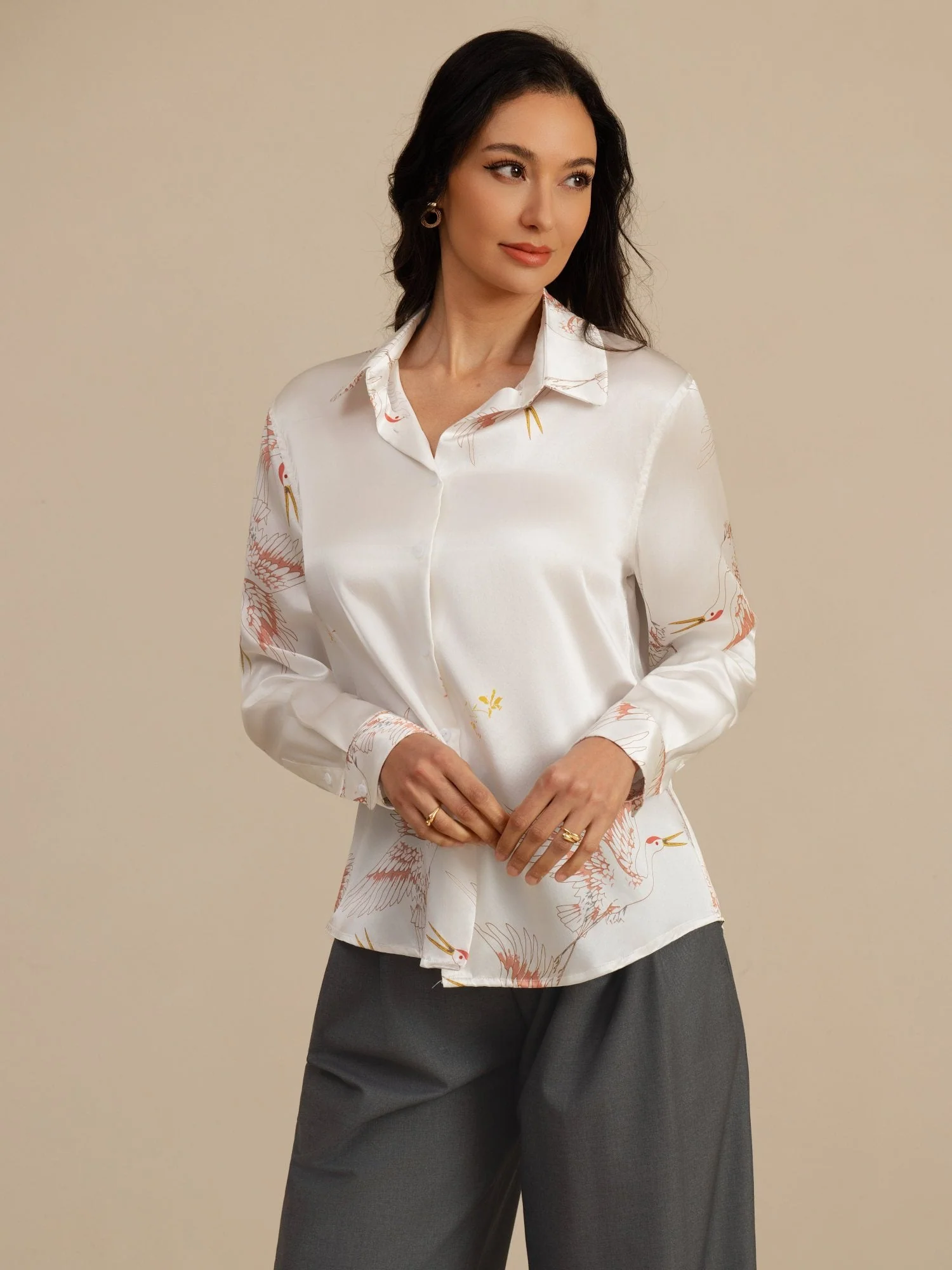 19Momme Pure Silk Long Sleeve Lapel Collar Women's Crane Print Button Blouse - Image 43