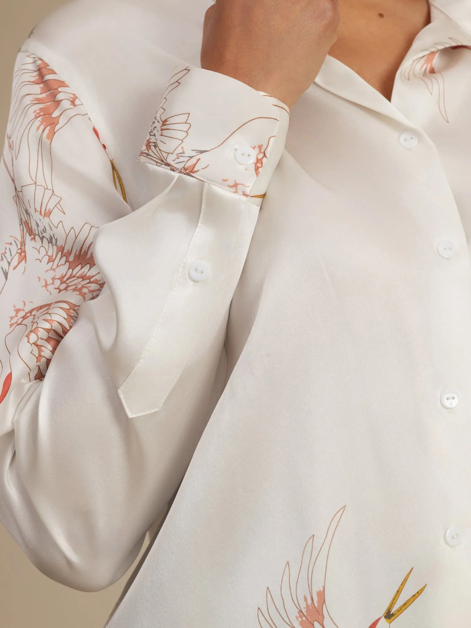 19Momme Pure Silk Long Sleeve Lapel Collar Women's Crane Print Button Blouse - Image 45