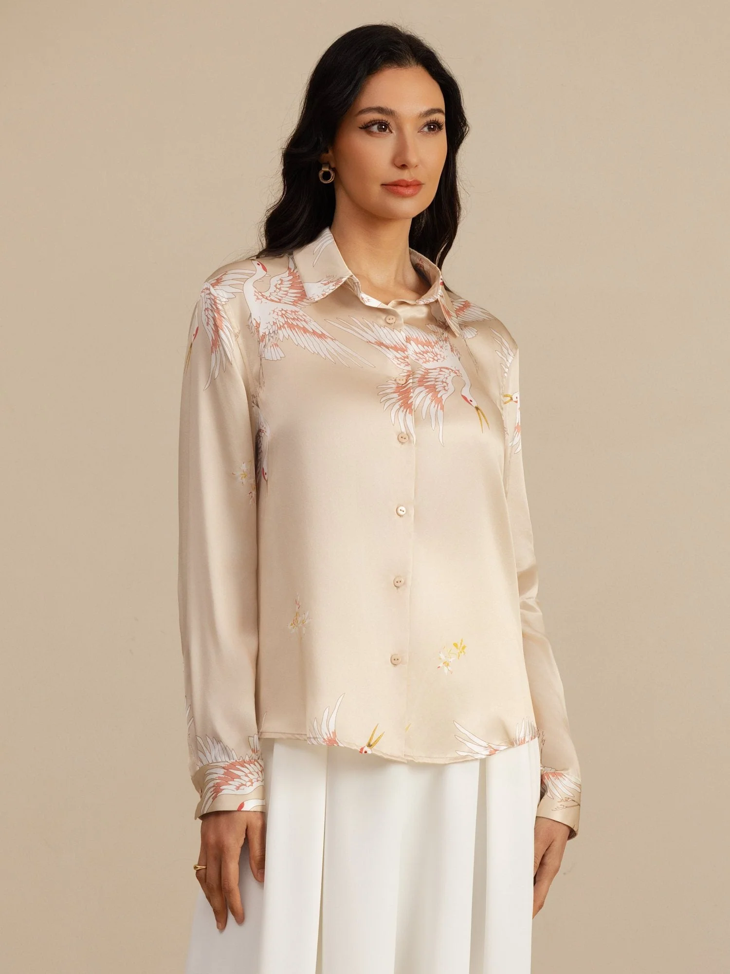 19Momme Pure Silk Long Sleeve Lapel Collar Women's Crane Print Button Blouse - Image 47