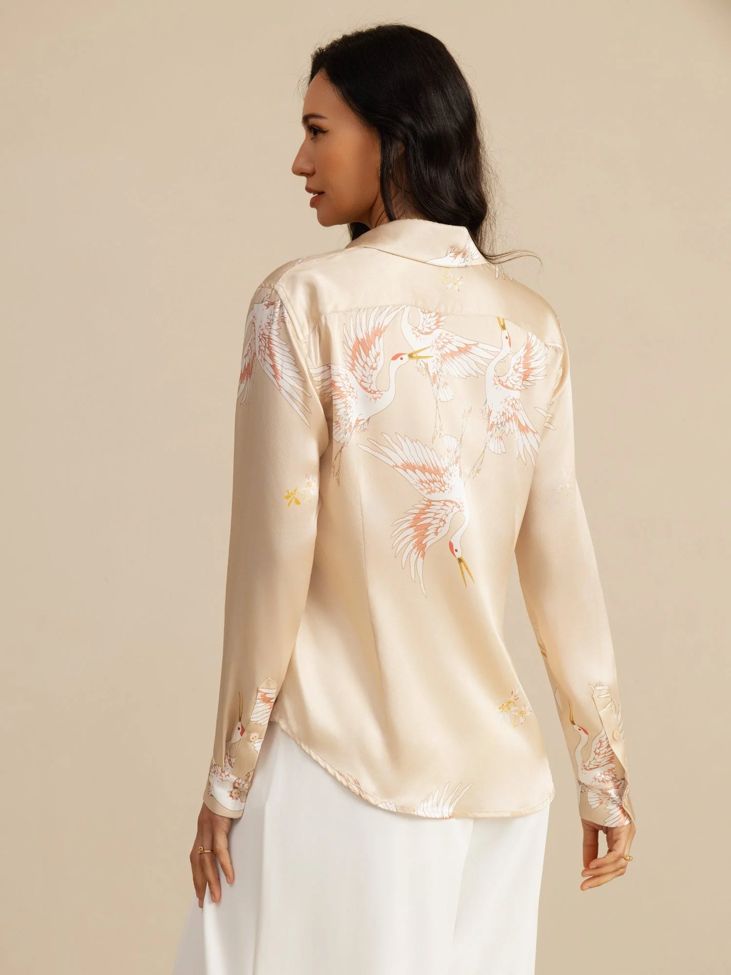19Momme Pure Silk Long Sleeve Lapel Collar Women's Crane Print Button Blouse - Image 48